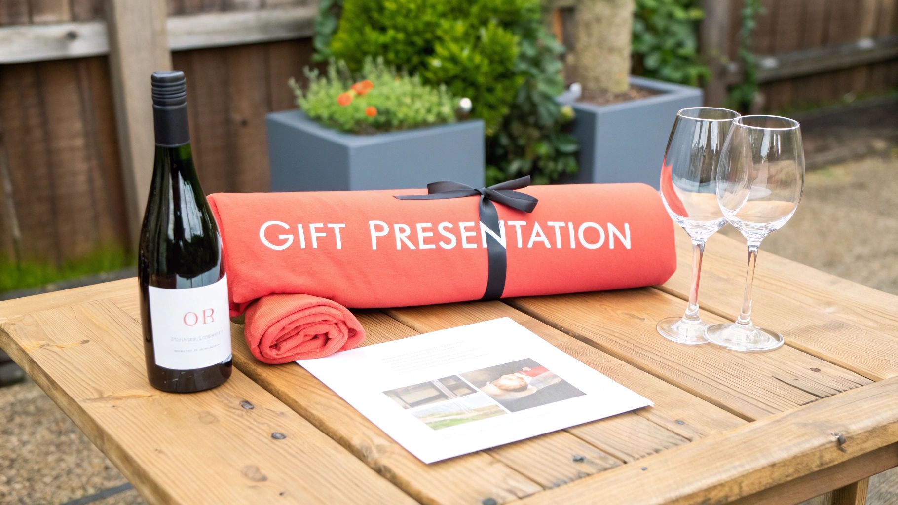 A gift presentation setup on a wooden table with a wine bottle, rolled red blanket, and wine glasses.