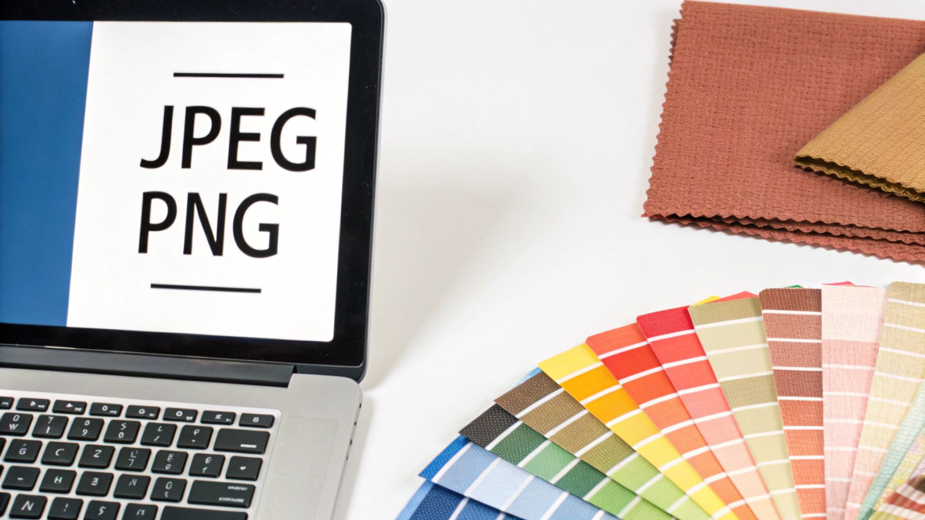 A laptop screen displaying JPEG and PNG text next to fanned-out color fabric swatches and textiles.