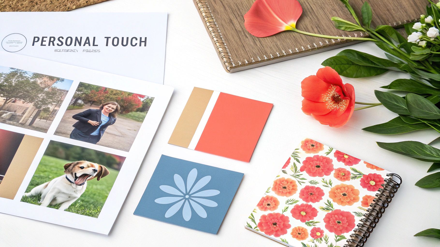 A vibrant flat lay with personalized photo prints, cards, and notebooks for Mother's Day.