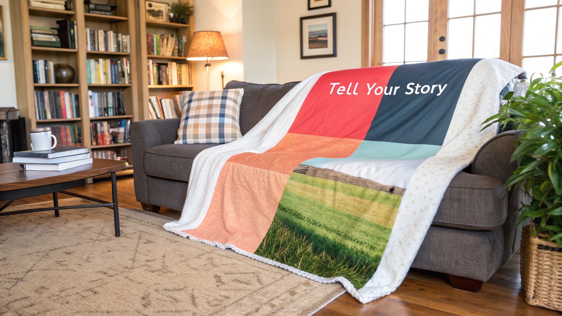 Mother receiving a personalized photo blanket from her child