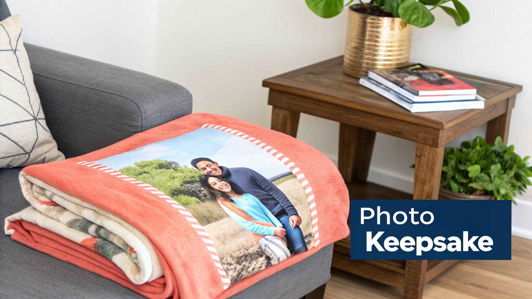 A personalized photo blanket featuring a smiling couple rests on a gray couch, alongside a wooden side table.