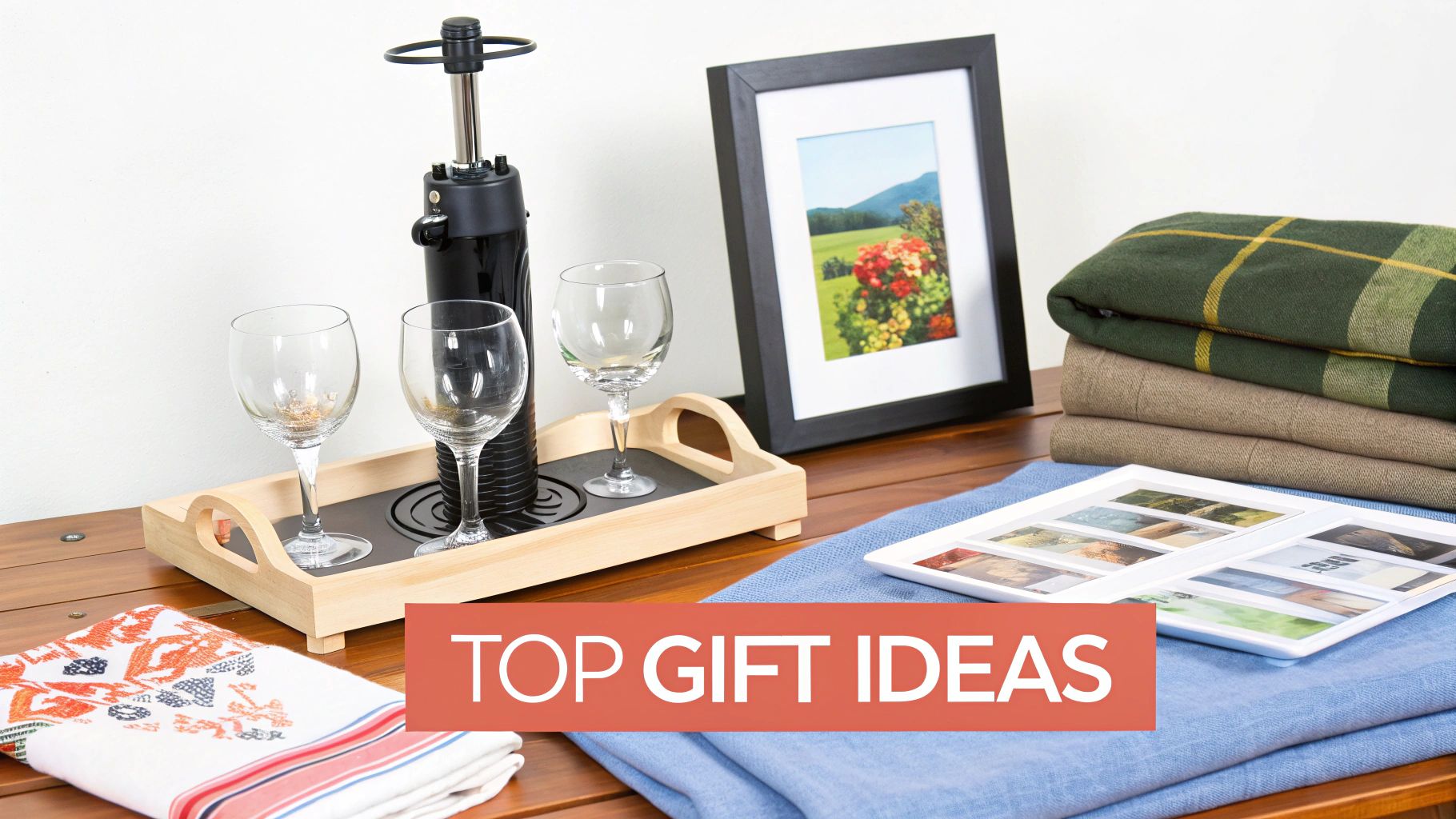A collection of thoughtful housewarming gifts: wine glasses, a picture frame, blankets, and a photo album.