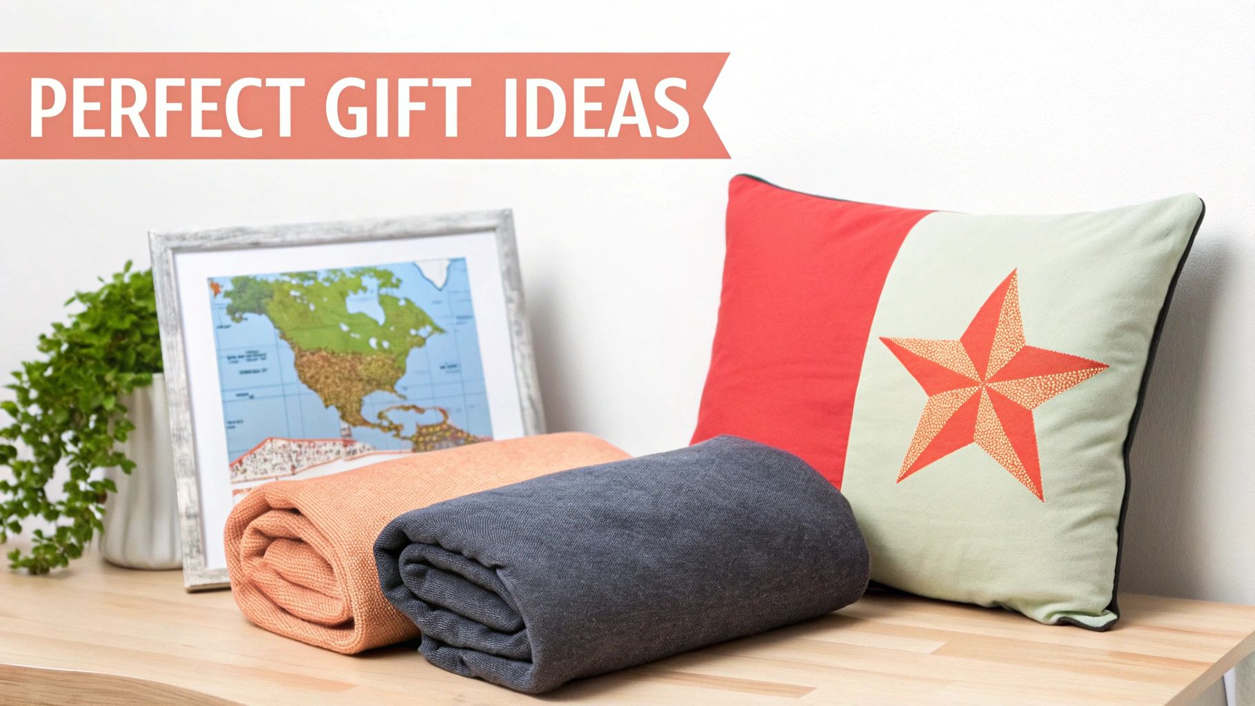 A collage of different personalized gift ideas, including a photo blanket, a star map, and a monogrammed pillow, arranged festively.
