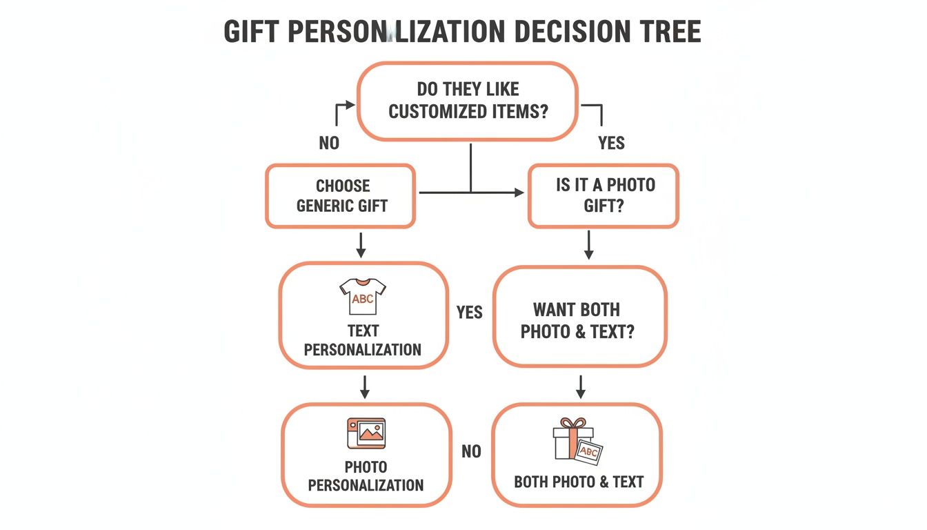 A gift personalization decision tree flowchart, guiding choices for customized, generic, text, photo, or combined gifts.