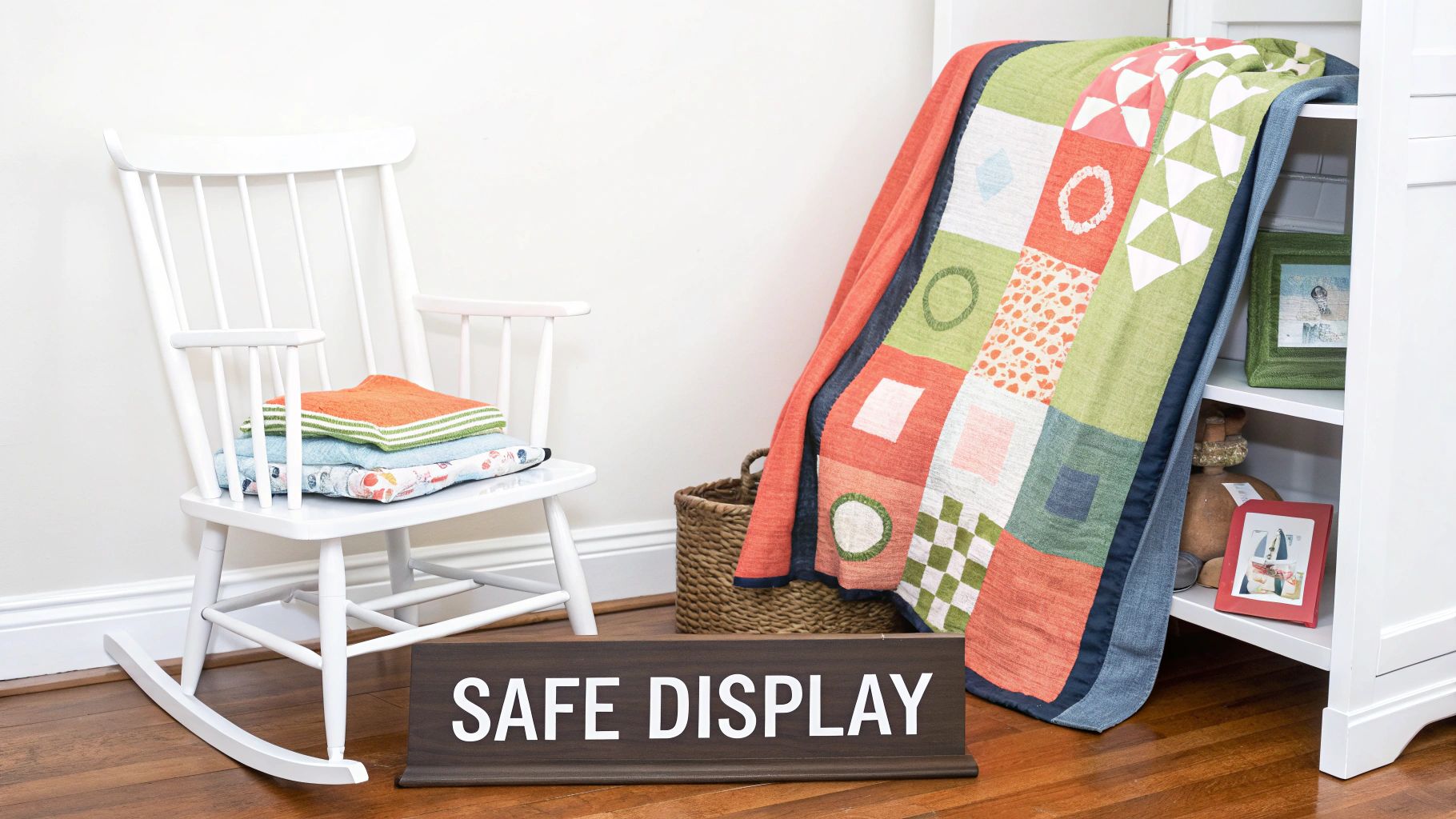 White rocking chair with folded baby blankets, colorful quilt draped over a shelf, and a 'SAFE DISPLAY' sign.