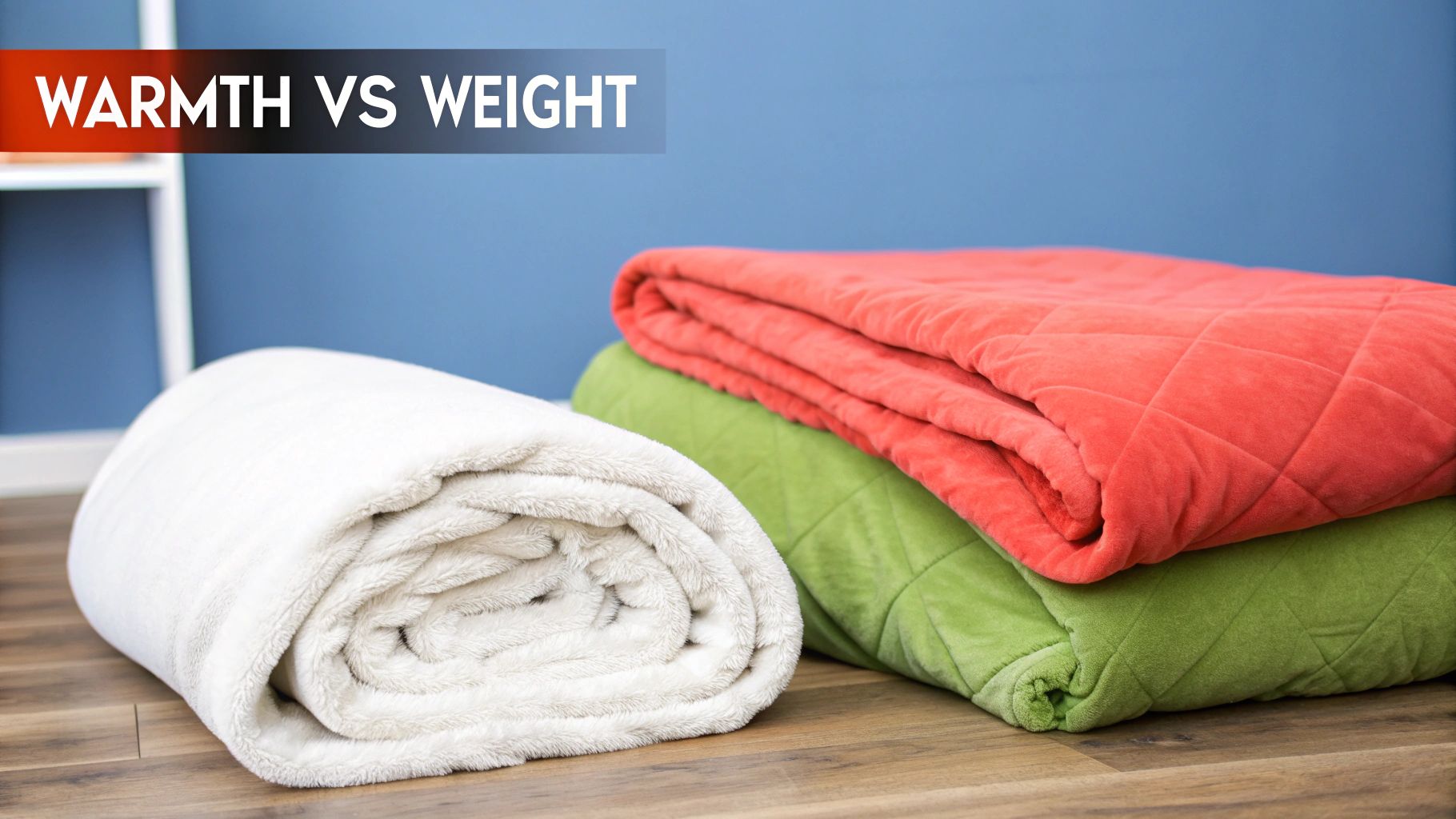 Three soft, cozy blankets (white, coral, green) on a wooden floor comparing warmth and weight.