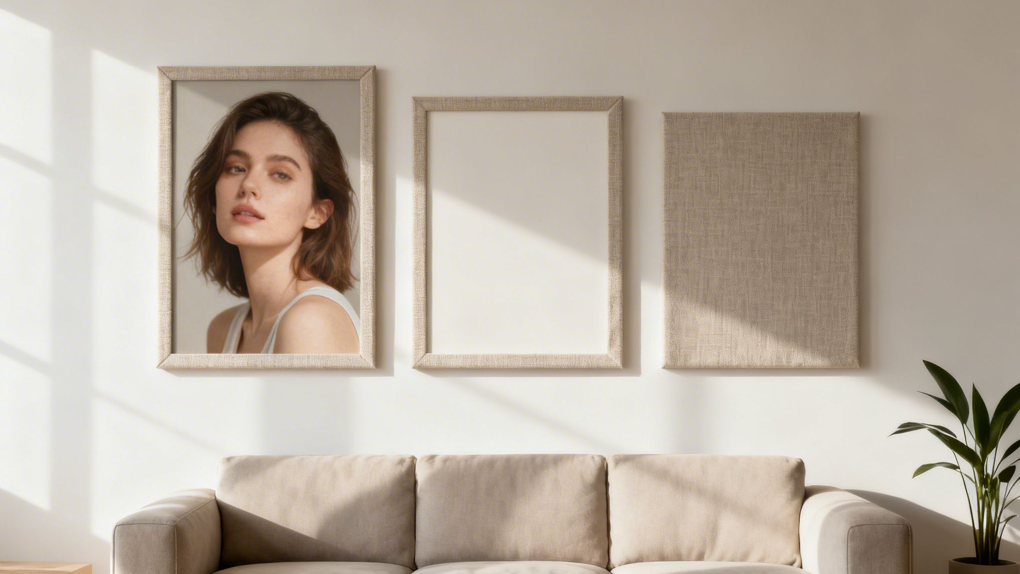 A bright living room wall with a gallery of three framed artworks above a beige sofa.