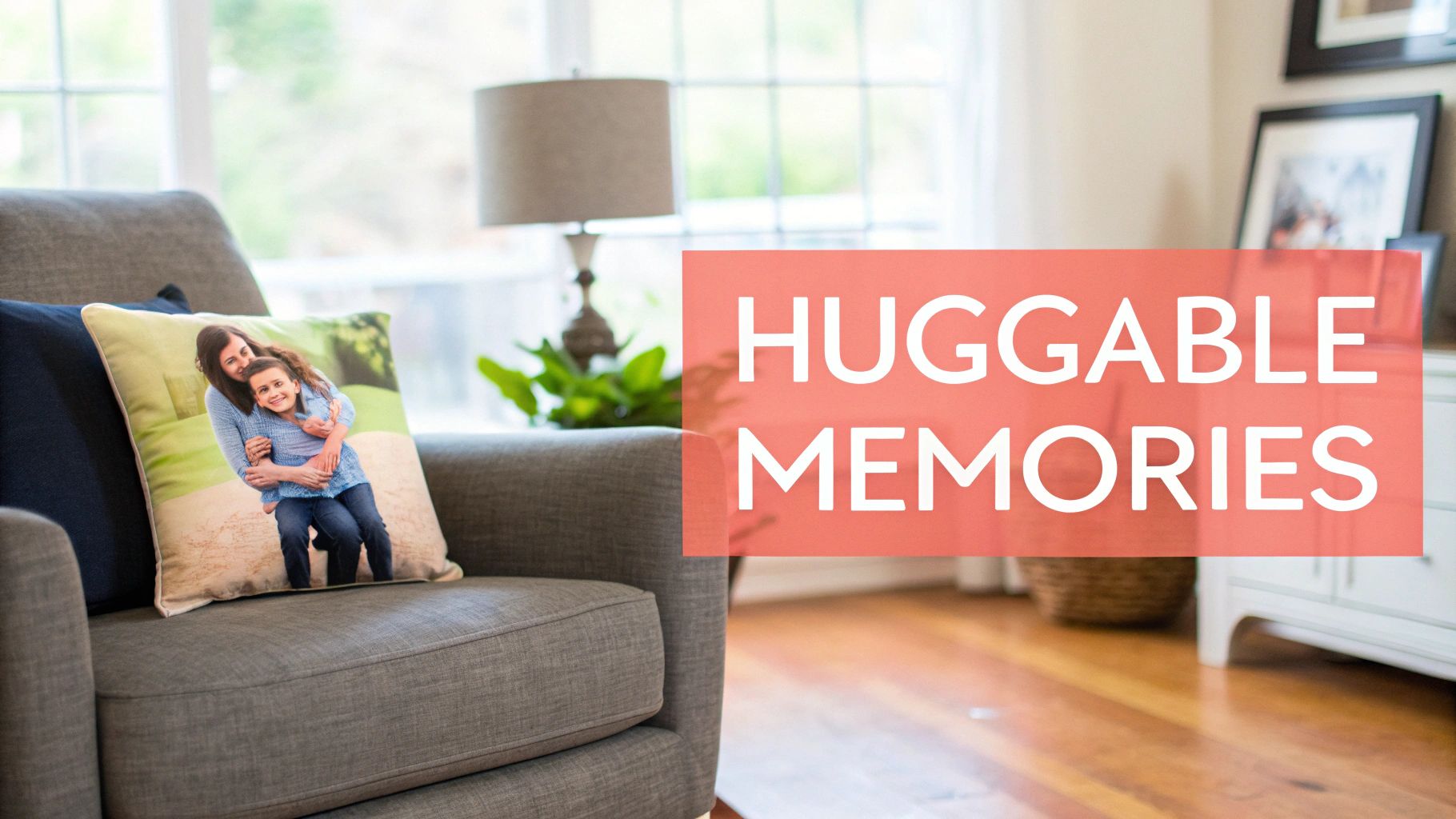 A personalized photo pillow featuring a dog, resting on a beige couch.