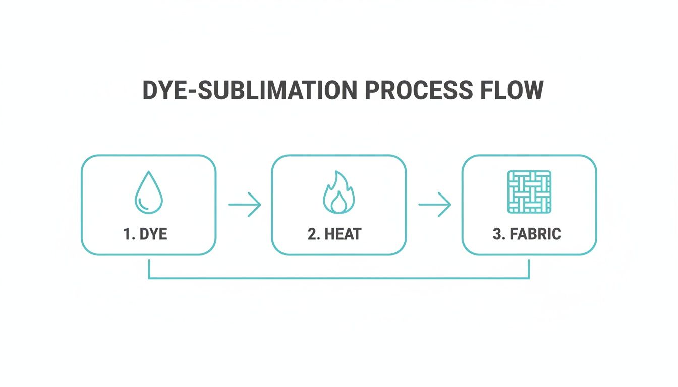 A diagram illustrating the dye-sublimation process flow with steps: 1. Dye, 2. Heat, and 3. Fabric.