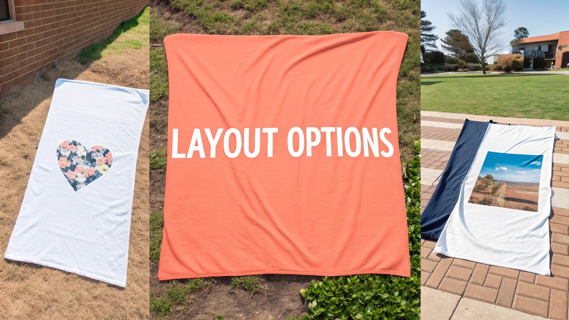 Three custom-designed blankets displayed outdoors, showcasing different layout options and personalized designs.
