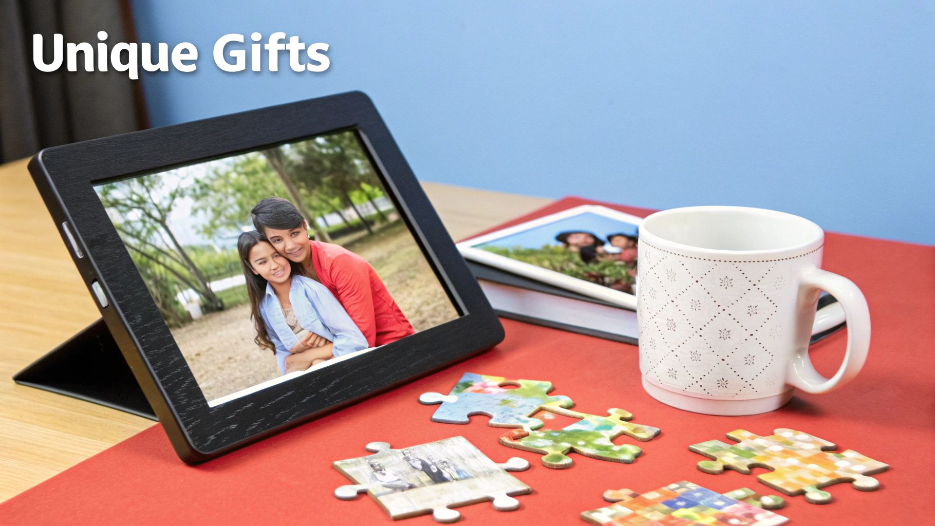 A collection of unique photo gifts including a mug, puzzle, and calendar.