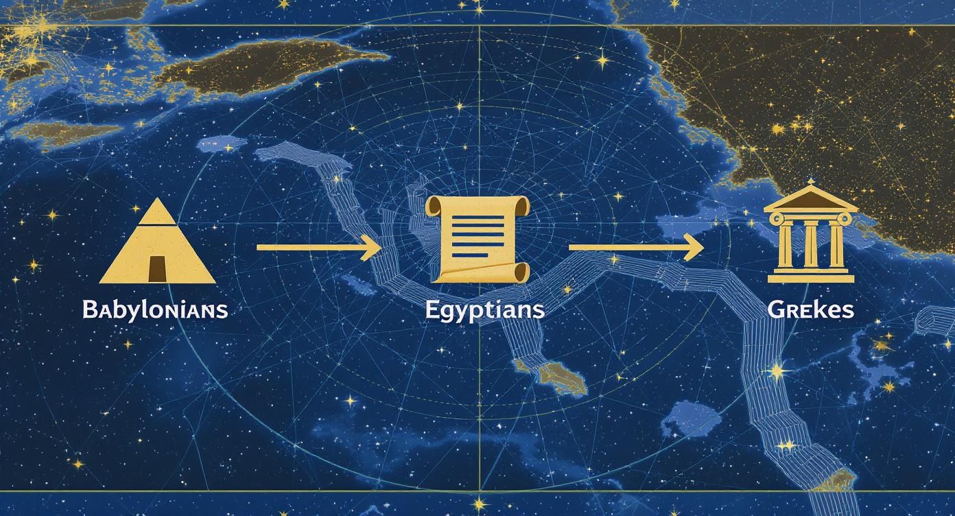 A map with stars illustrates the transfer of knowledge from Babylonians (pyramid) to Egyptians (scroll) to Greeks (temple).