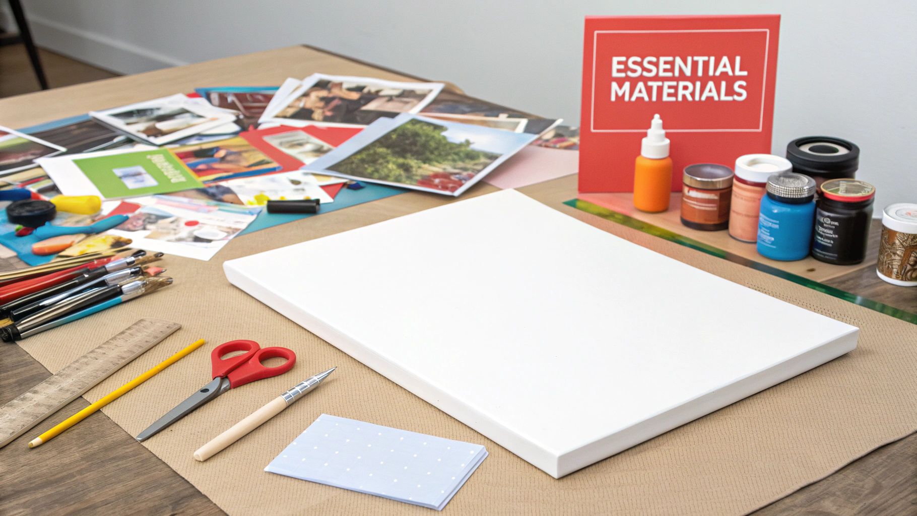 Art supplies spread out on a table, including a blank canvas, paints, scissors, and various images for collage.