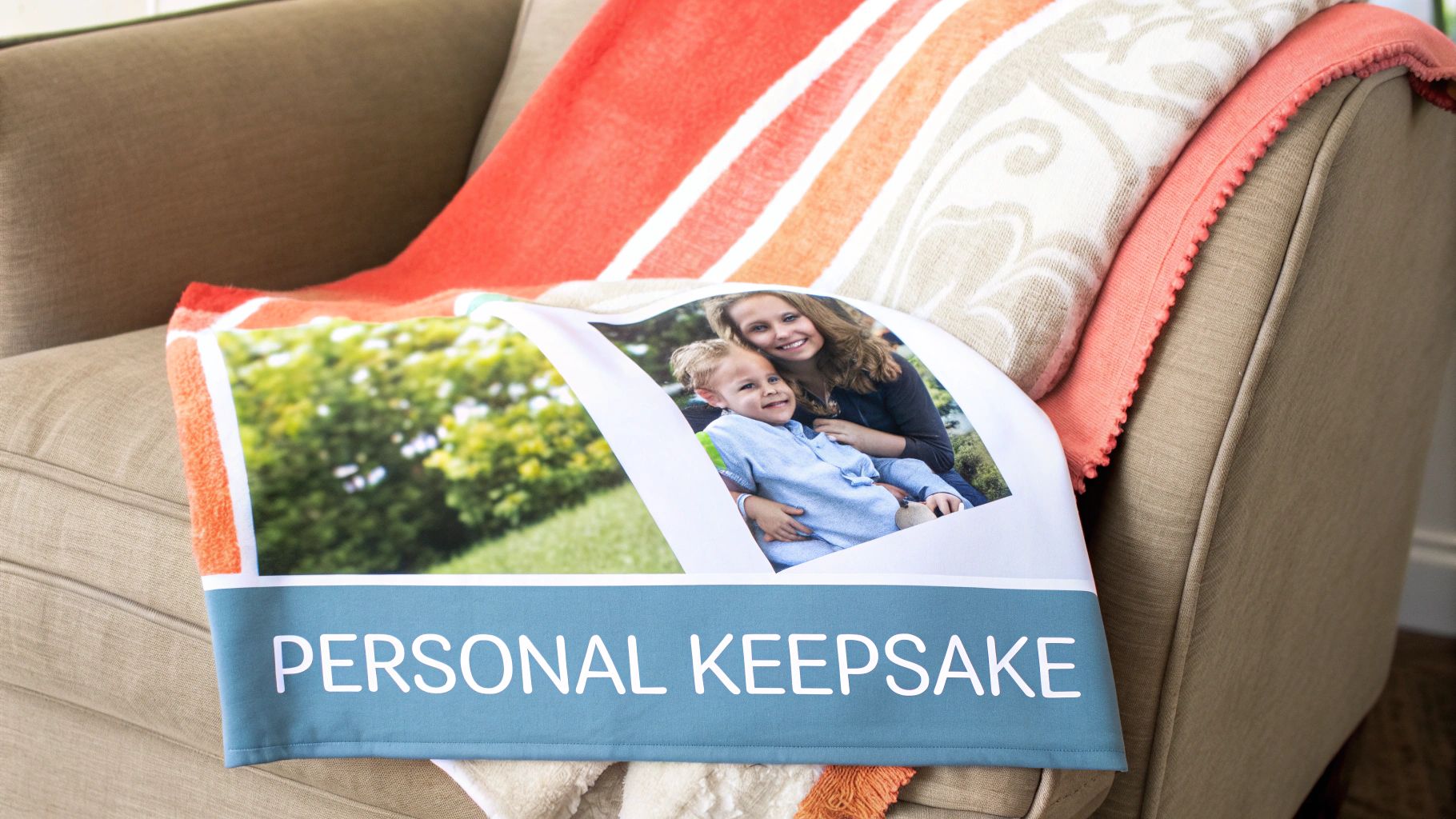 A personalized blanket featuring a photo of a mother and son, with 'PERSONAL KEEPSAKE' text, draped over a cozy armchair.