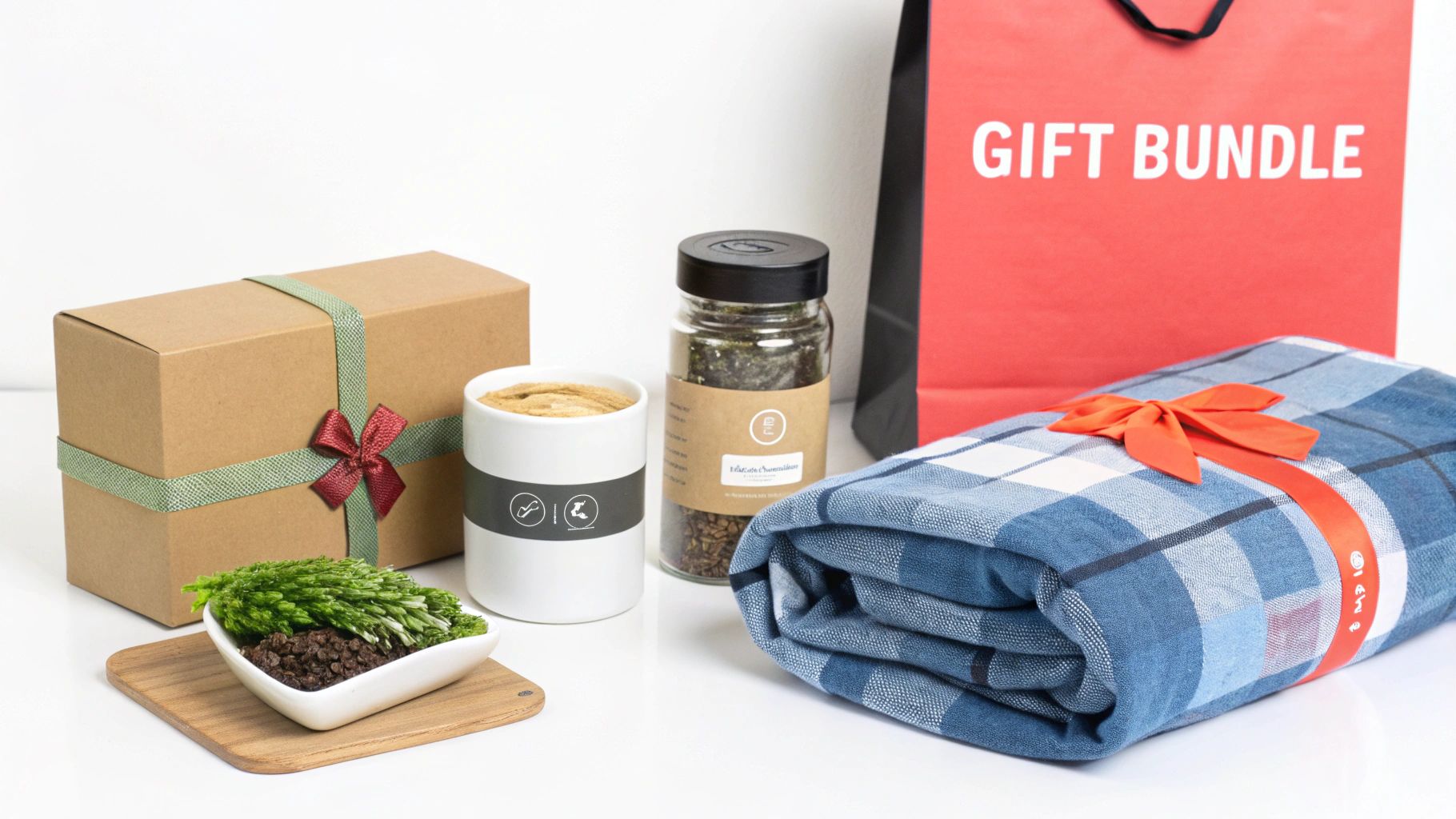A collection of thoughtful gift items including a wrapped box, mug, jar, plant, and plaid blanket.