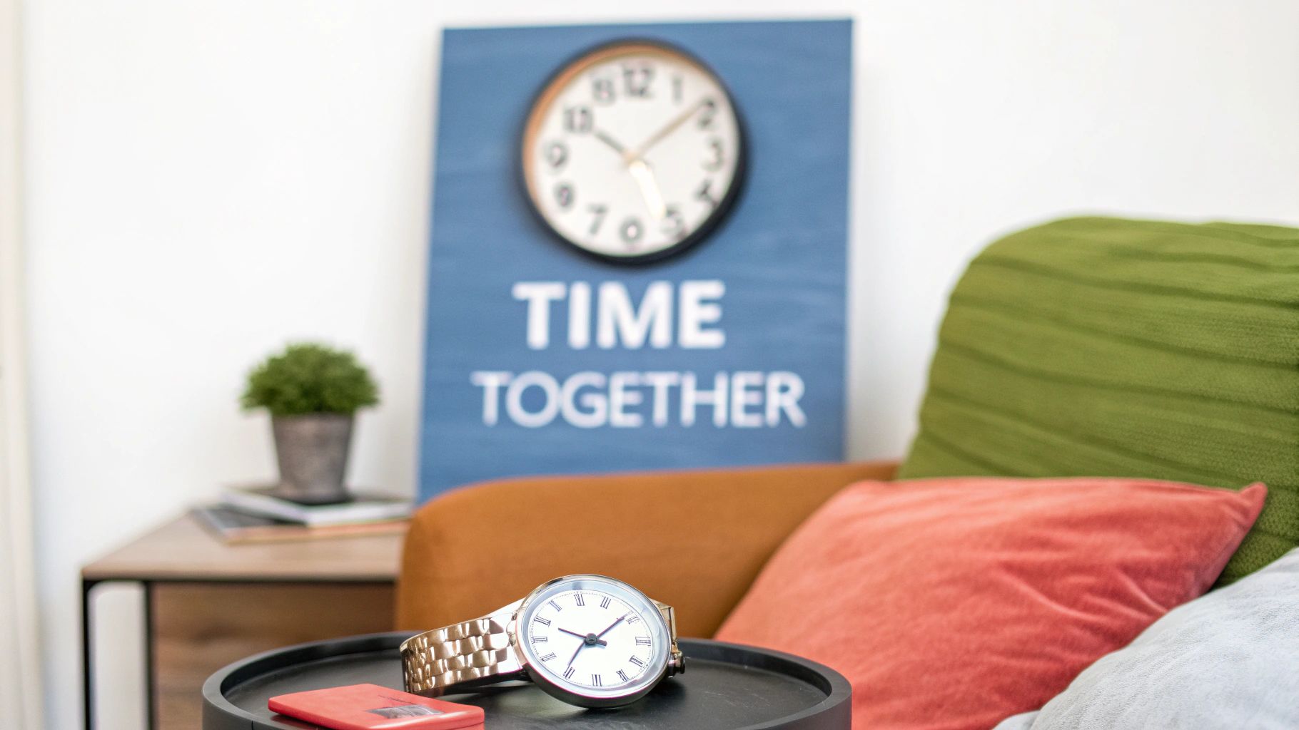 A silver wristwatch on a black tray with a "Time Together" sign and a cozy couch in the background.