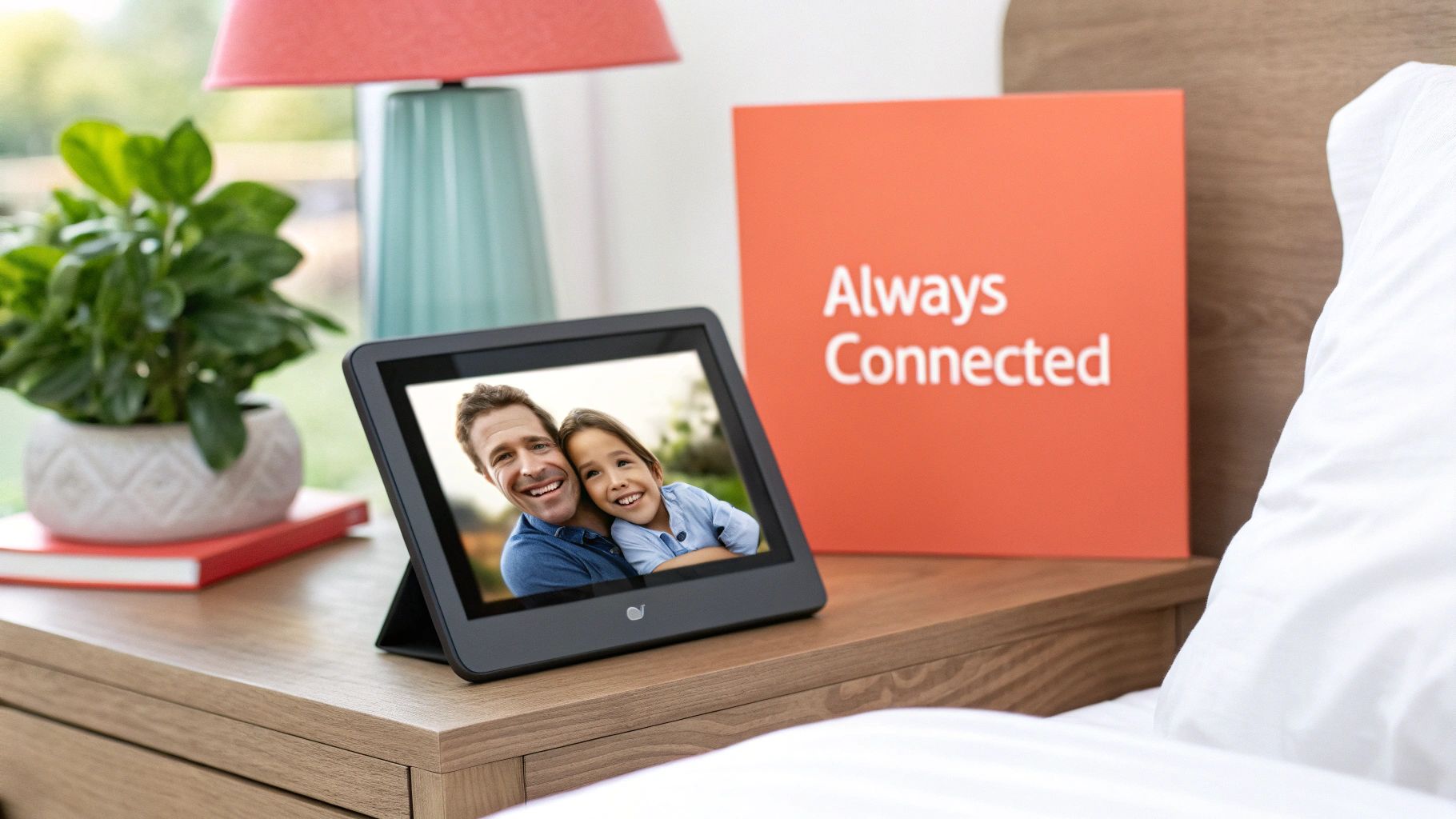 A digital photo frame displaying a family picture on a living room table.