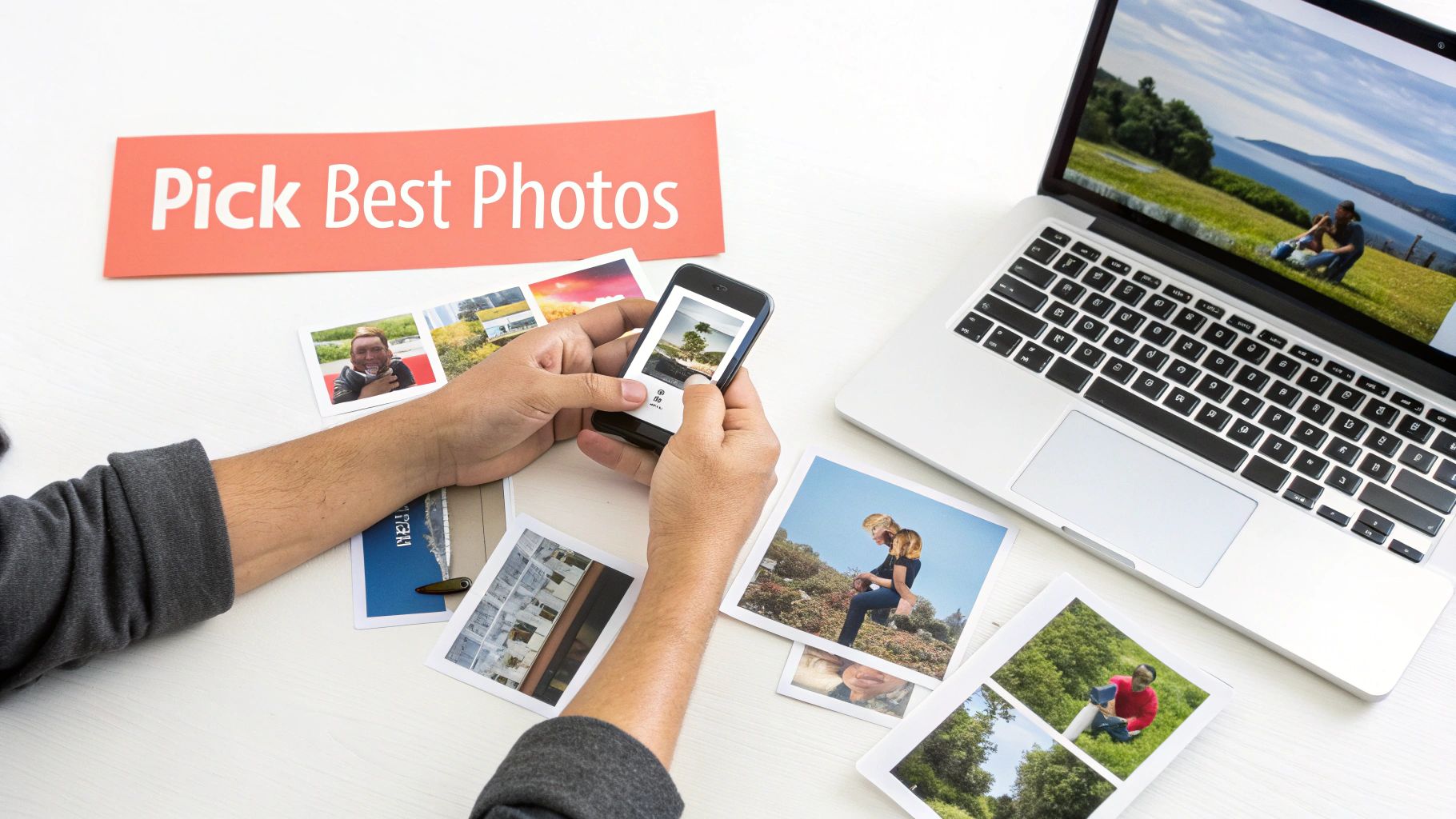 Person picking best photos using a smartphone and laptop, with various prints on a white desk.