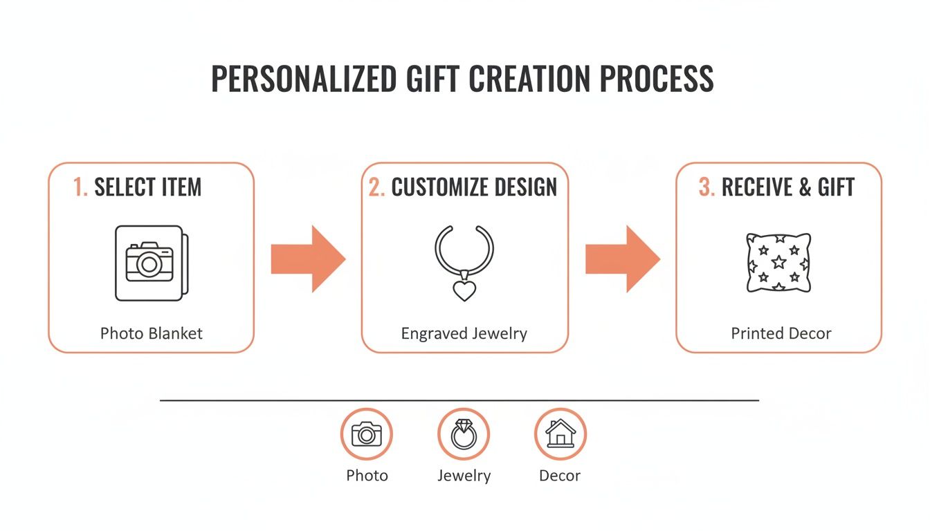 A three-step personalized gift creation process showing options like photo blankets, engraved jewelry, and printed decor.