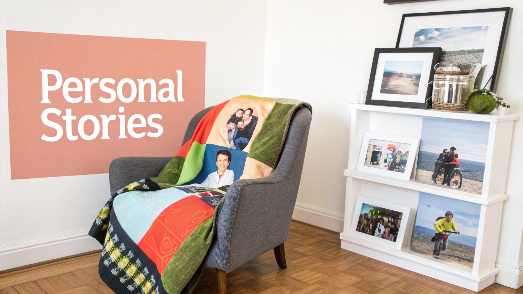 A cozy grey armchair with a personalized photo blanket, a wall decal, and a white shelf with framed photos.