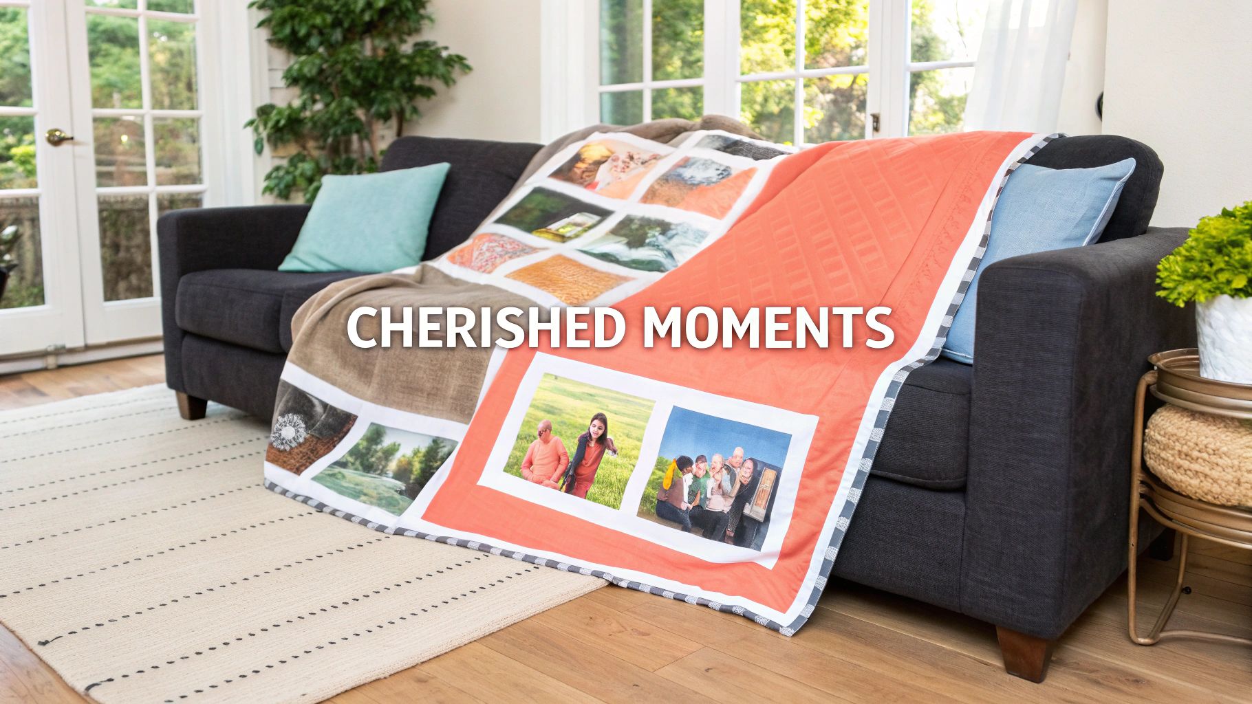 A living room with a gray couch and a custom photo blanket featuring "CHERISHED MOMENTS" and family photos.