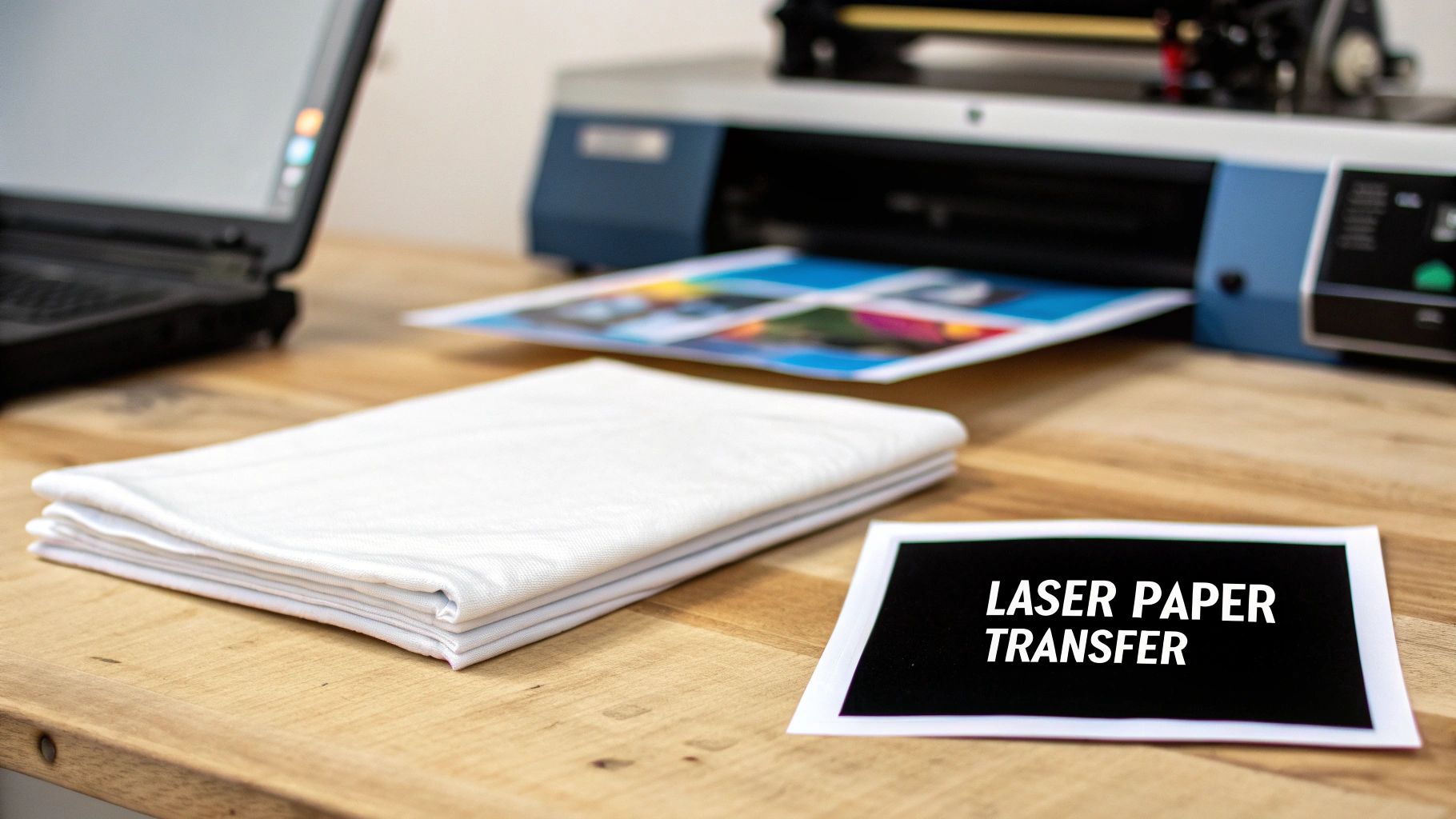 A workspace with a printer outputting colorful designs, a laptop, folded white fabric, and a 'Laser Paper Transfer' sign.