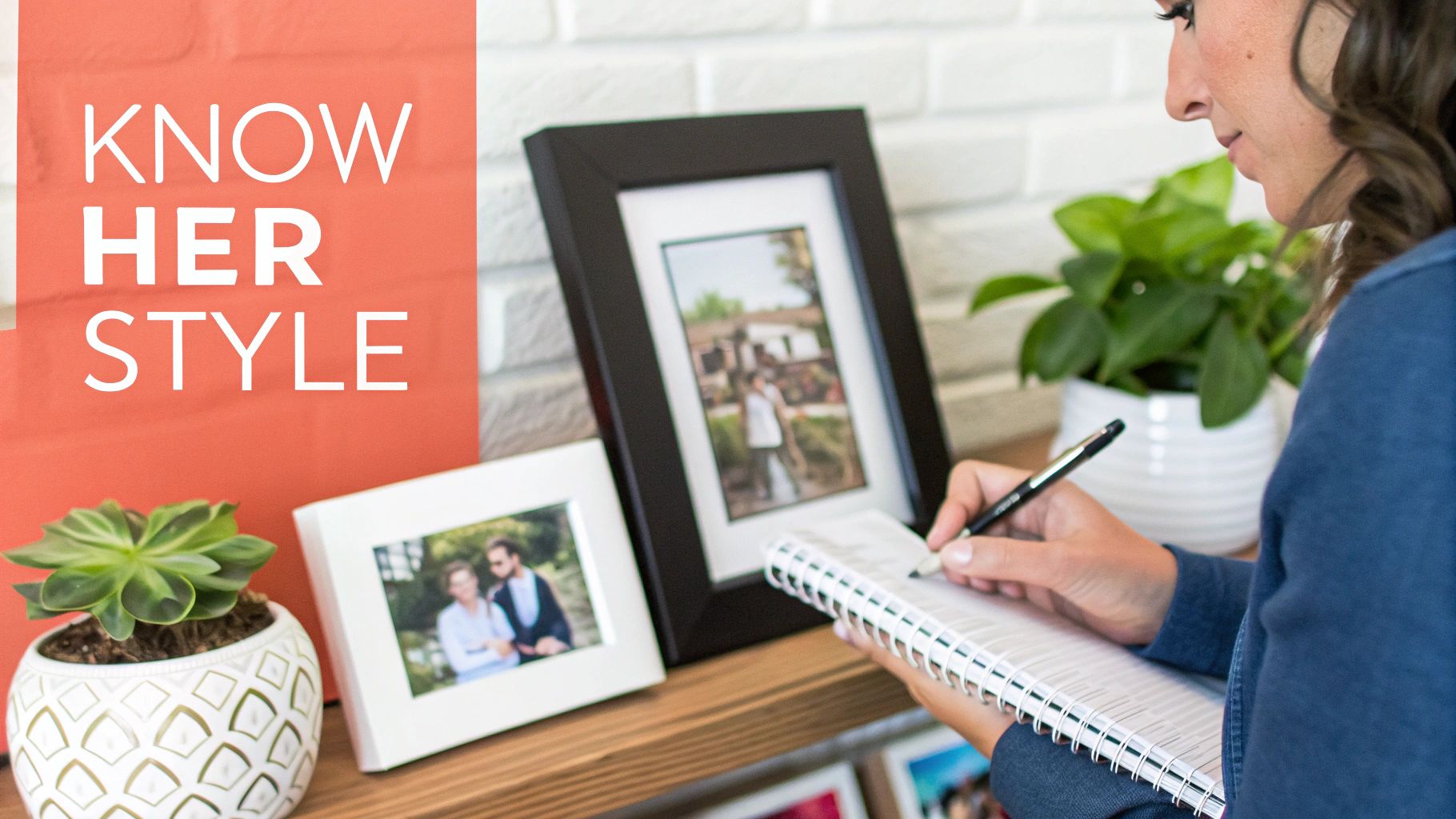 A woman writing in a notebook next to framed photos and a succulent plant, with 'KNOW HER STYLE' text.