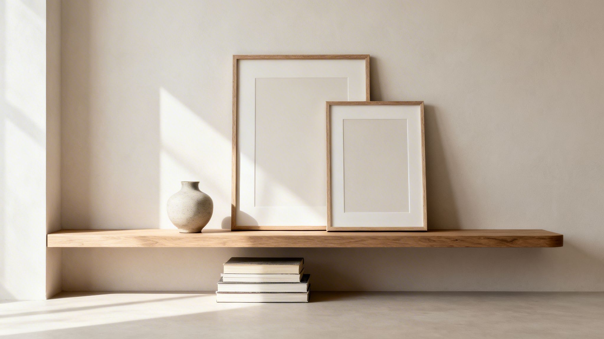 Two blank wooden picture frames, a ceramic vase, and books on a floating shelf with sunlight shadows.