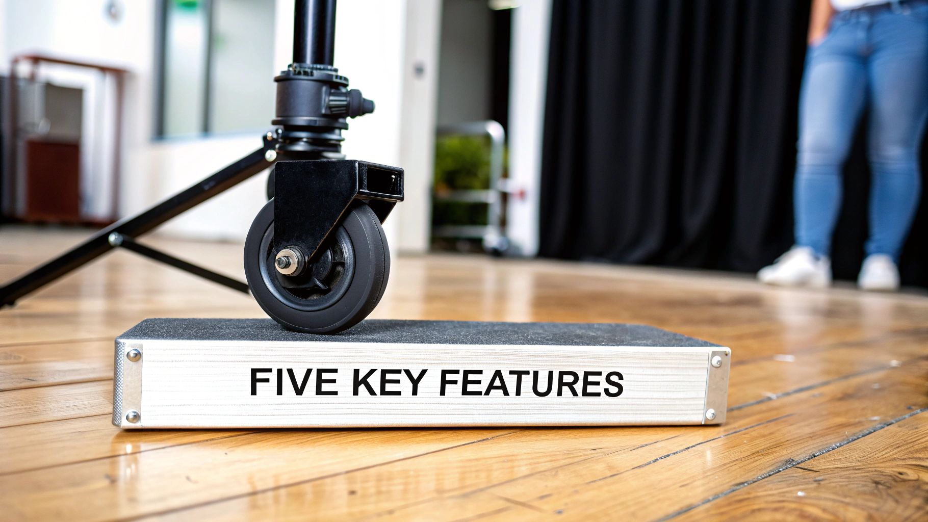 Close-up of a black dolly wheel and light stand resting on a box with 'FIVE KEY FEATURES' written on it in a studio.
