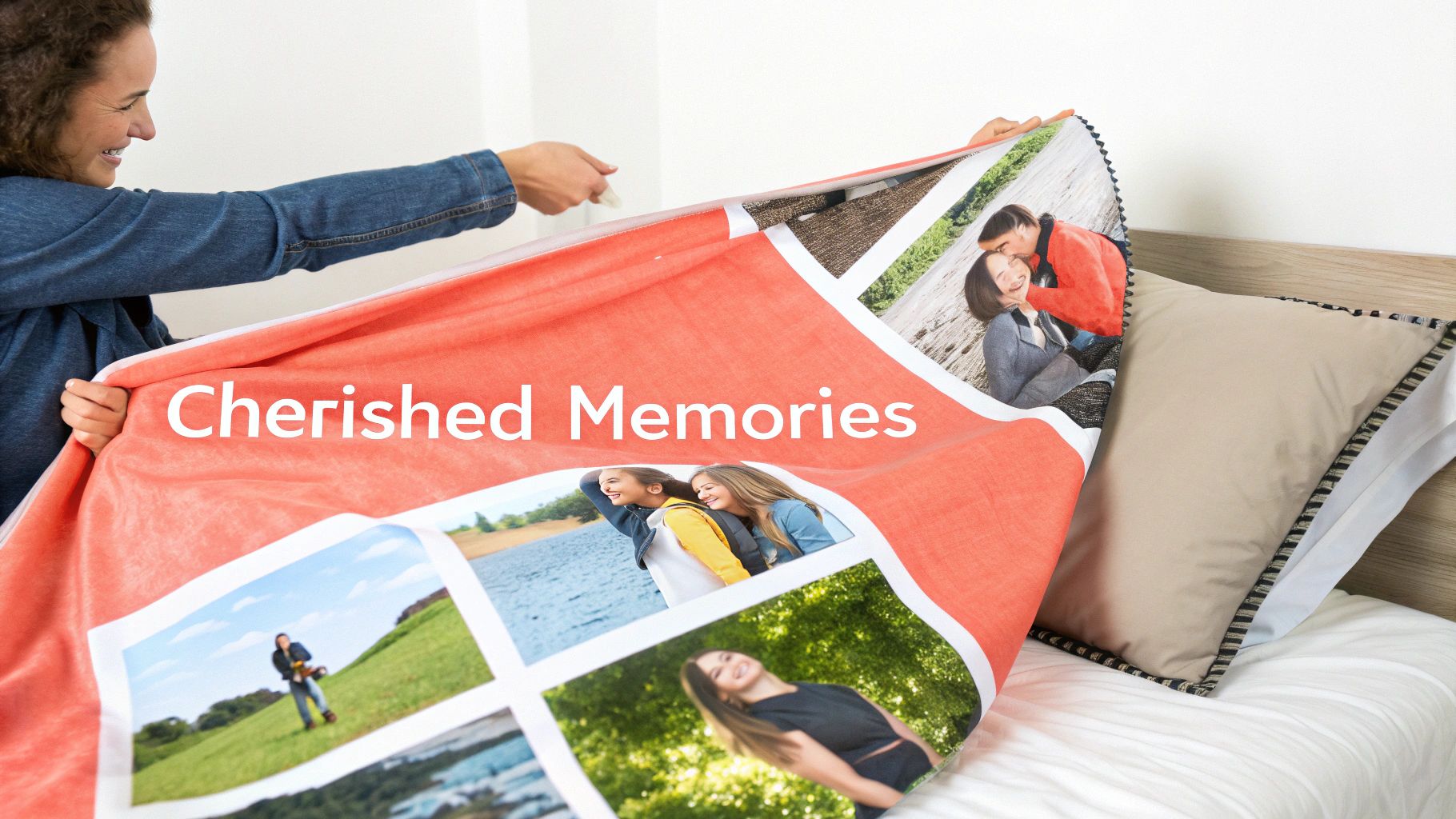 A smiling woman holds a personalized photo blanket featuring cherished memories and a red background.