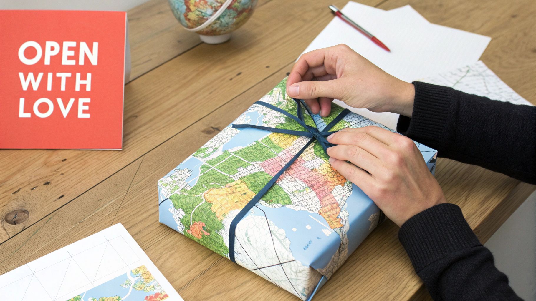 Someone ties a dark blue ribbon around a map-patterned gift box on a wooden table.