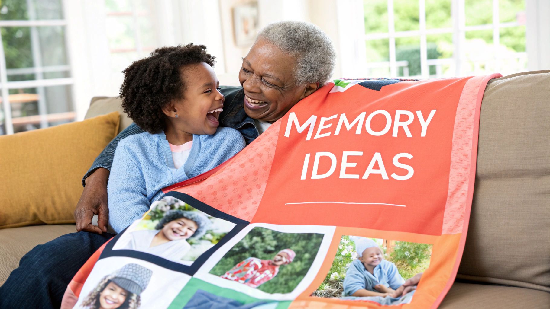 Happy grandmother and granddaughter laughing together under a personalized photo memory blanket on a couch.