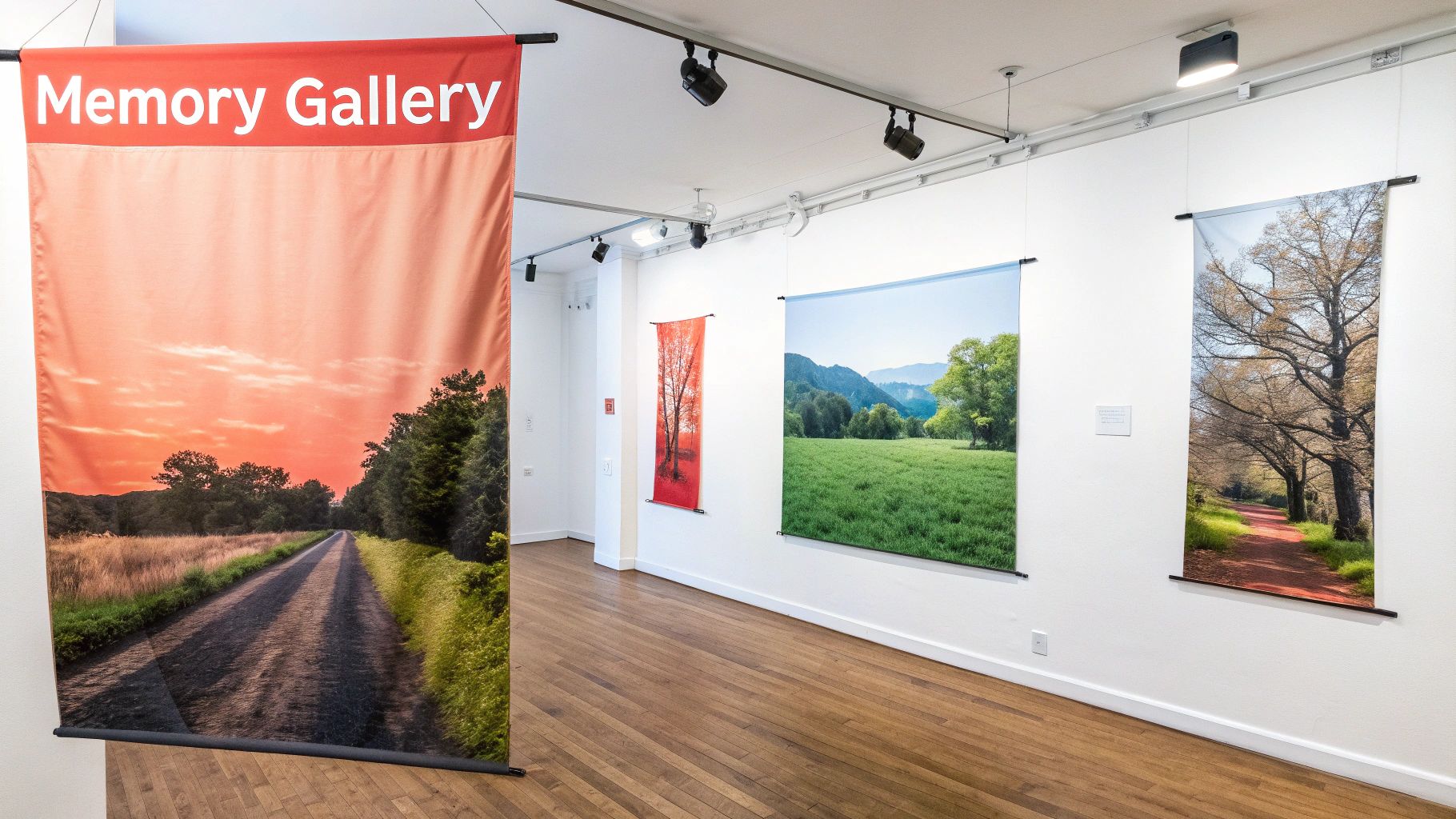 A gallery room with several large photographic banners displaying various nature scenes, with wooden floor.