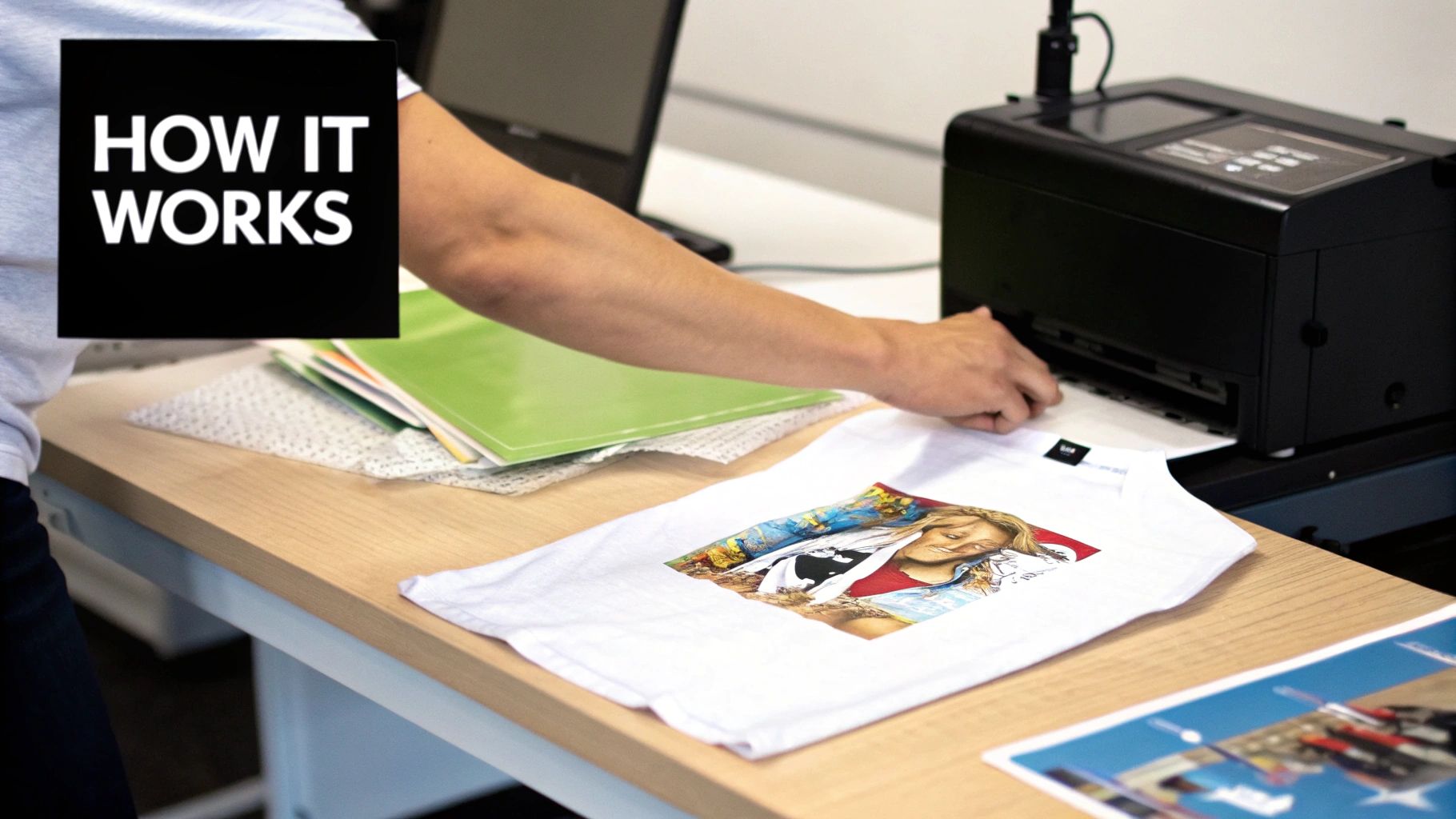 A person's hands operating a a black printer to apply a colorful graphic design onto a white t-shirt.