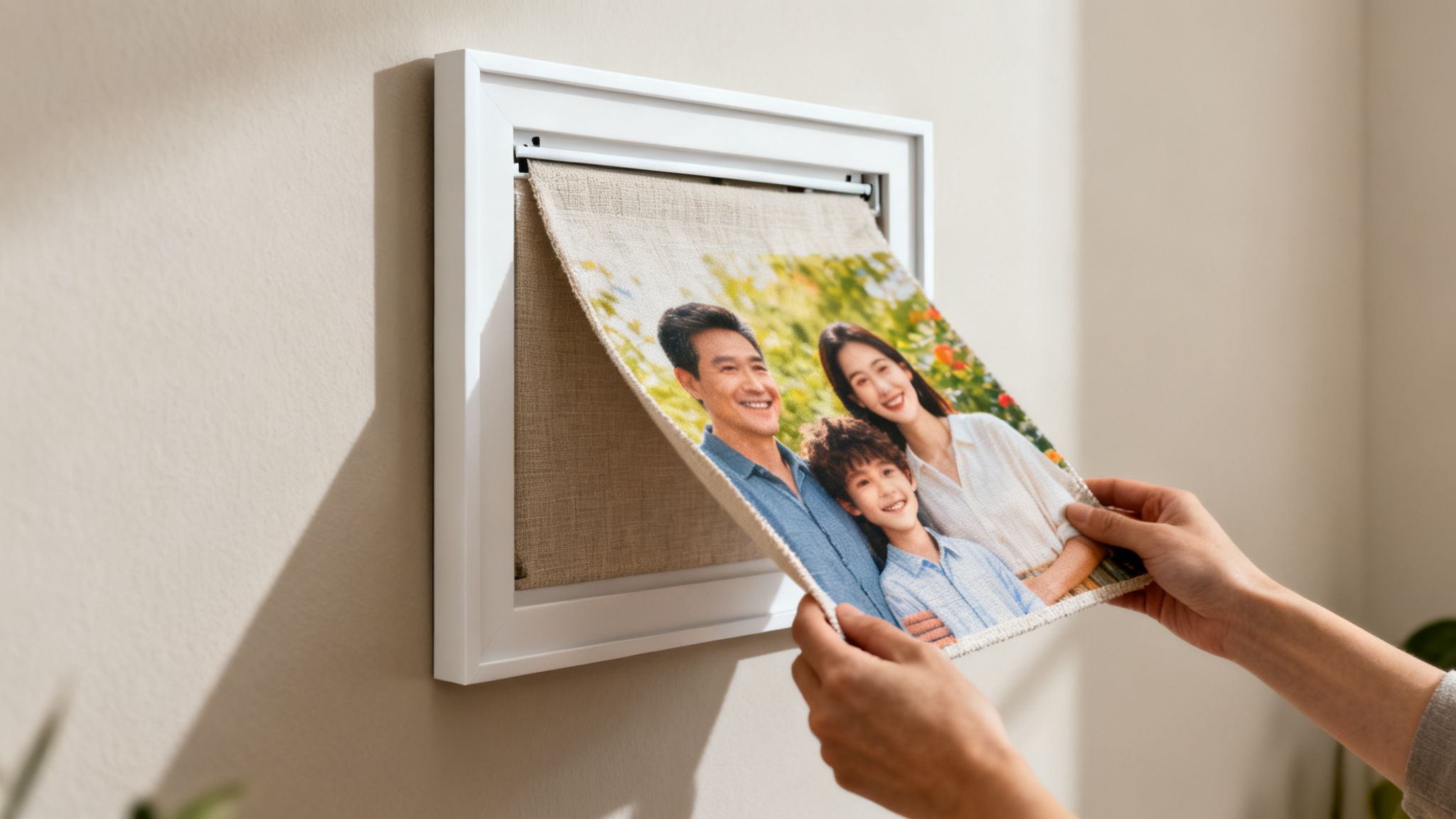 Close-up of hands inserting a colorful fabric family photo into a white wall-mounted picture frame.