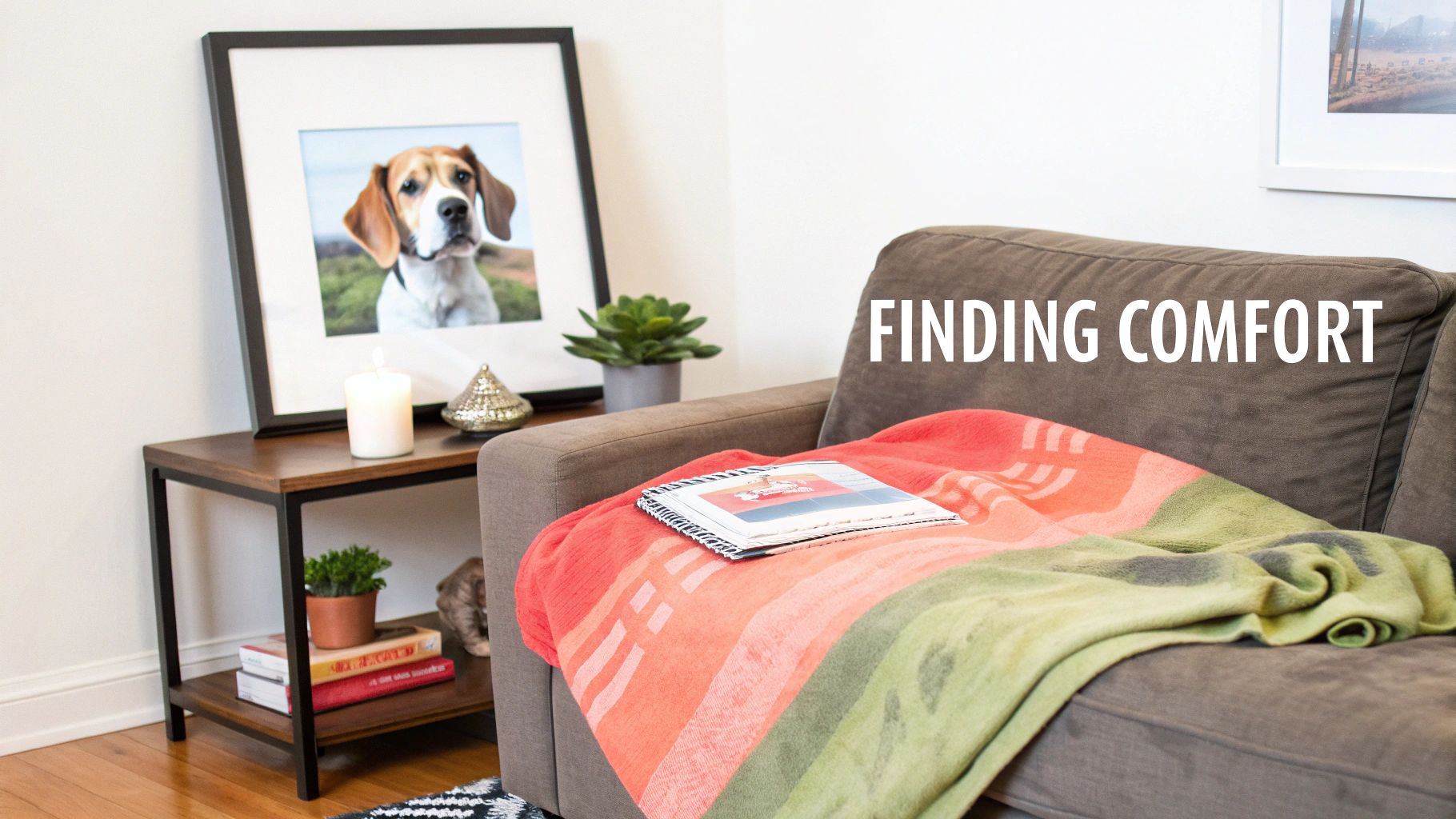 A cozy living room scene with a couch, blanket, and a side table featuring a framed picture of a beagle, a lit candle, and plants.