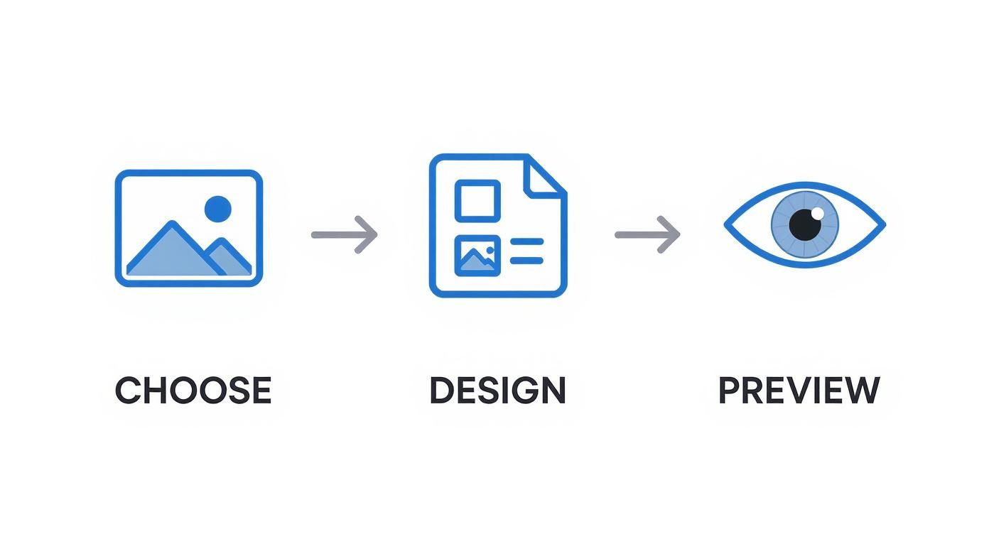 An infographic showing a three-step design process for personalized photo pillows, featuring icons for choosing a photo, designing the layout, and previewing the final product.