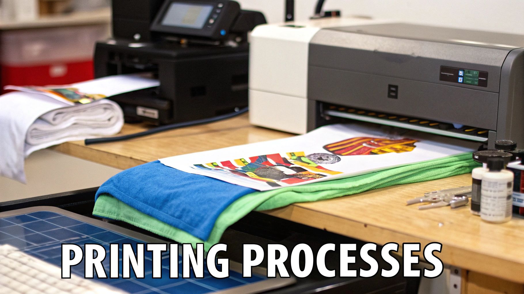 Machines printing vibrant designs onto fabrics and textiles, illustrating modern printing processes.