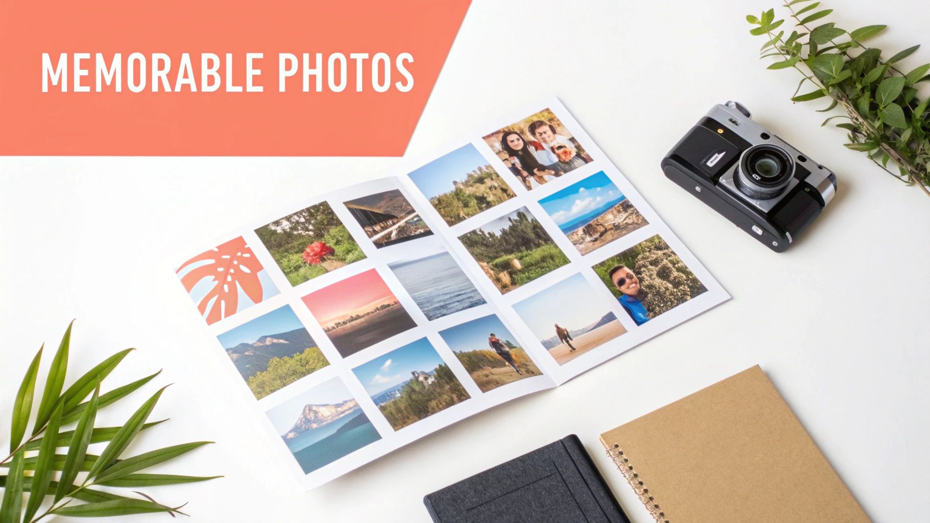 Photo collage display with travel and family memories alongside vintage camera and notebooks