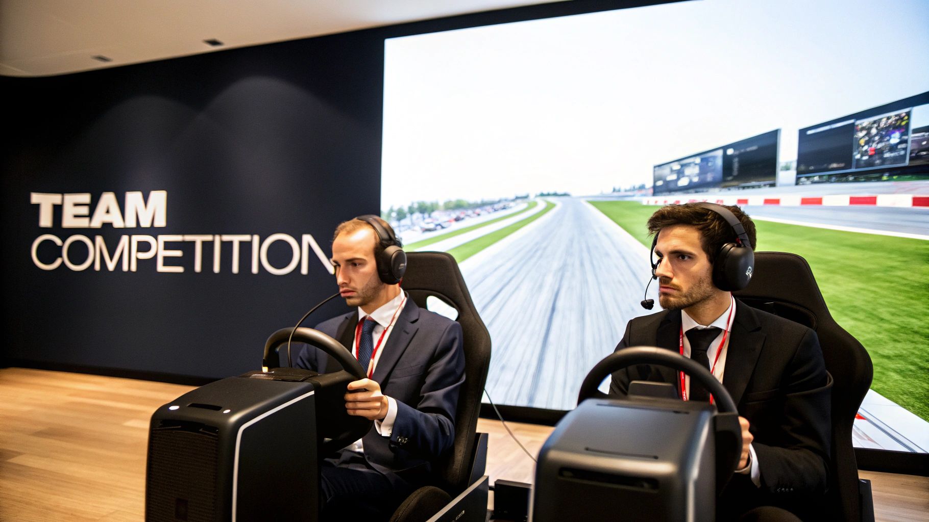 Two men in suits with headsets compete in racing simulators at a corporate team building event.