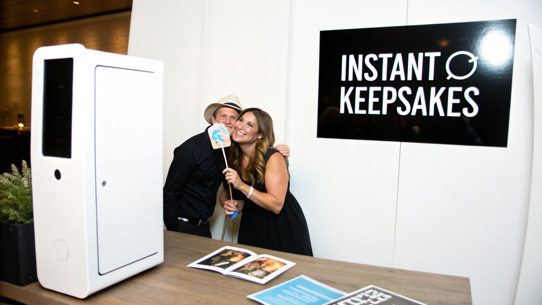 A happy couple posing with a prop in front of a white photo booth and an 'Instant Keepsakes' sign.
