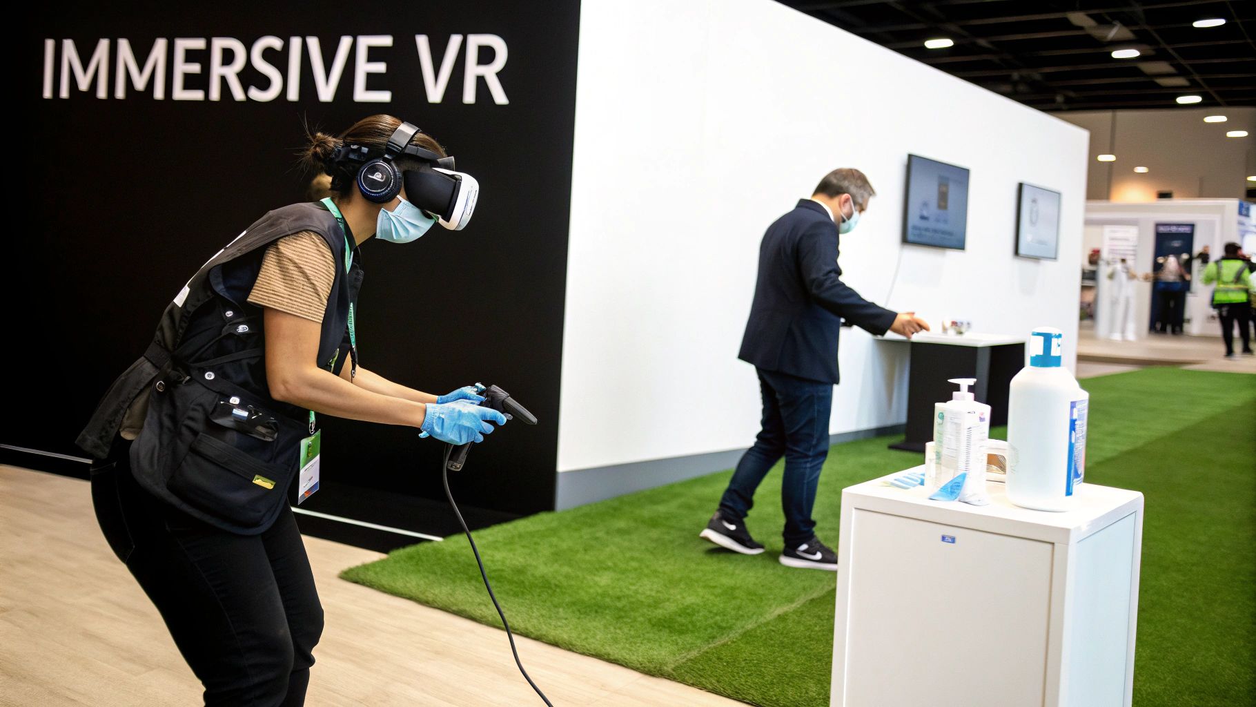 A person wearing a VR headset, face mask, and gloves, holds a controller at an 'Immersive VR' event.