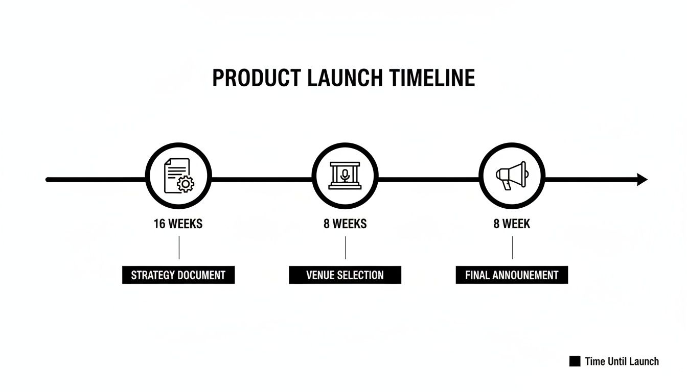 A product launch timeline illustrating key milestones: Strategy Document, Venue Selection, and Final Announcement.