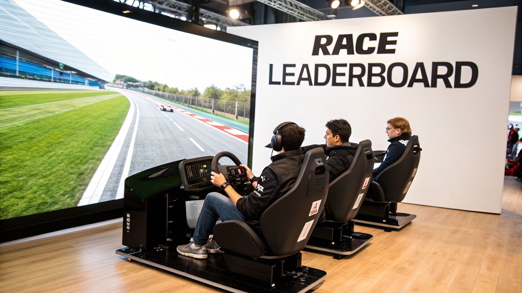 Three people compete on racing simulators with a large screen displaying a race track and a leaderboard.