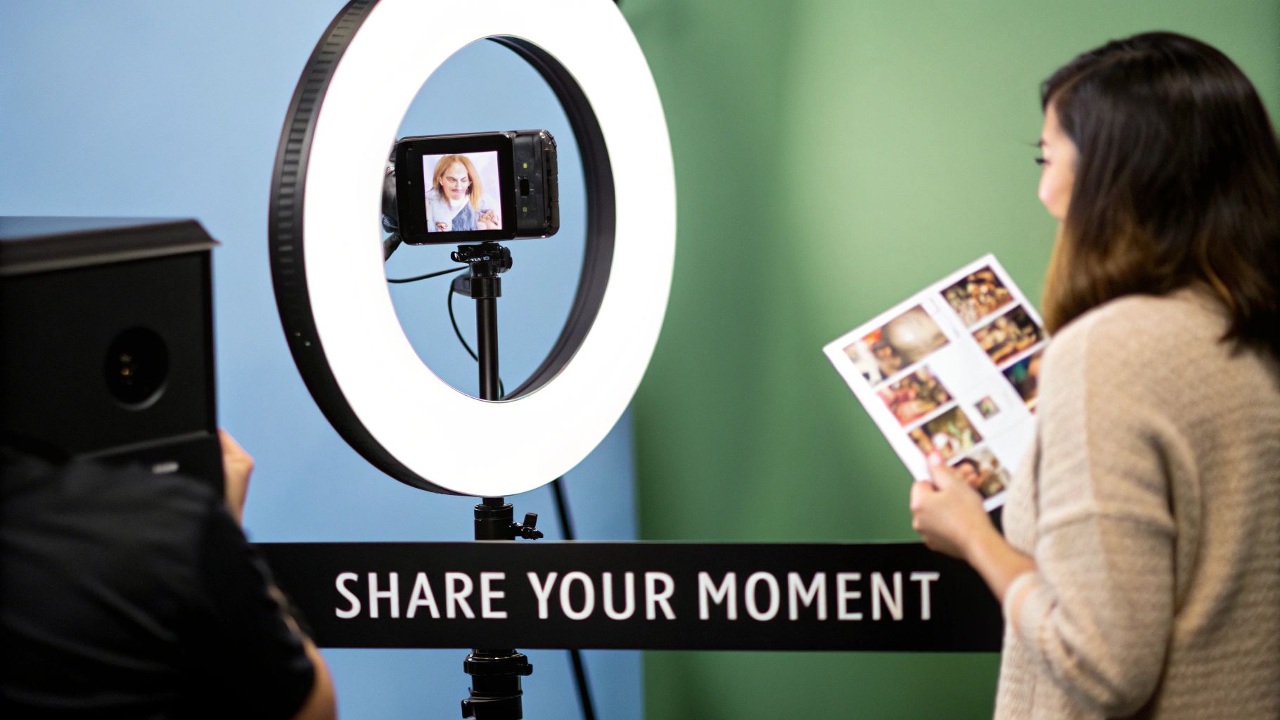 A woman views a booklet of photos next to a photo booth with a ring light and camera.