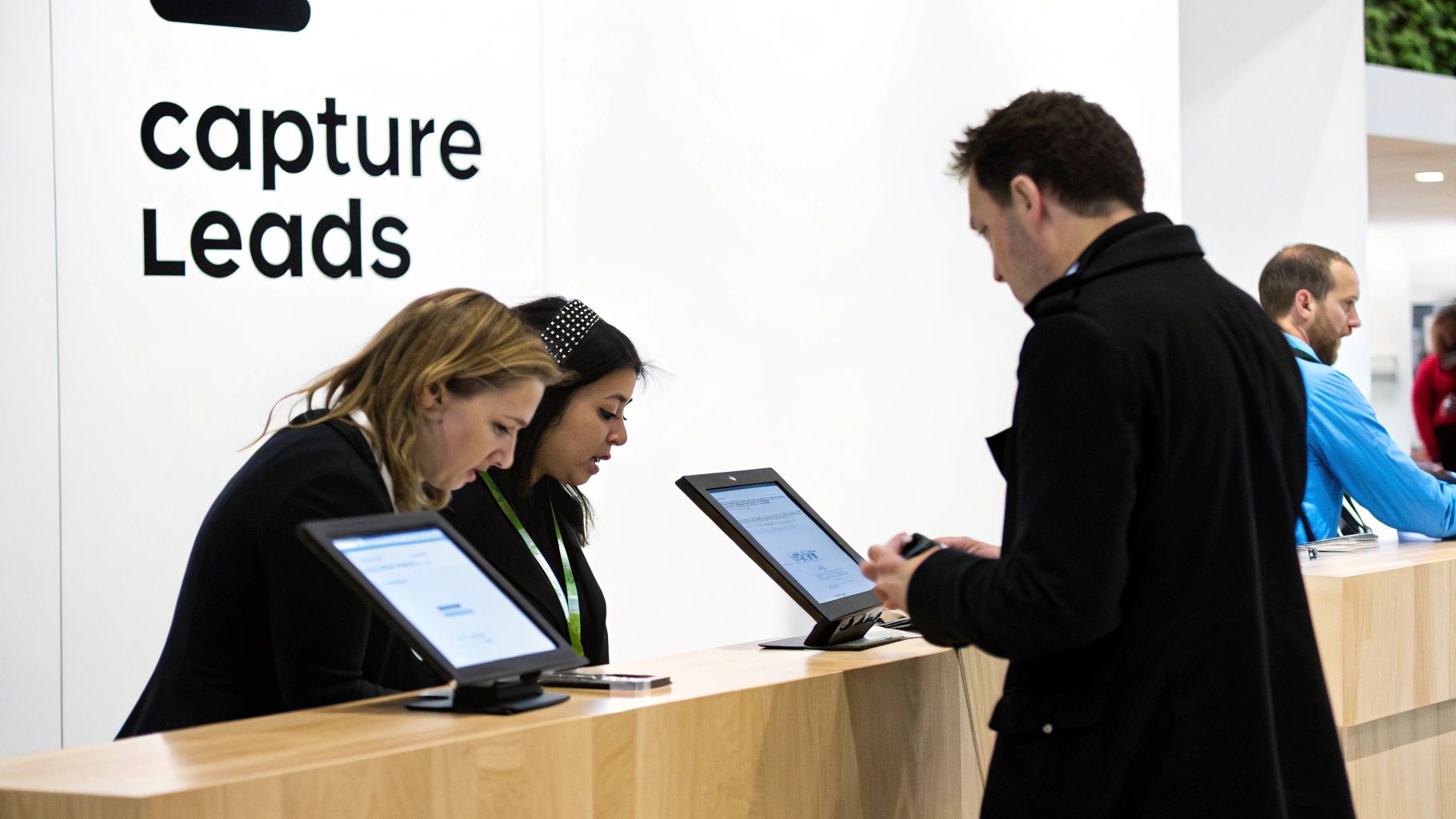 Attendees and staff engaging with touch screens at an event registration desk, labeled 'capture Leads'.