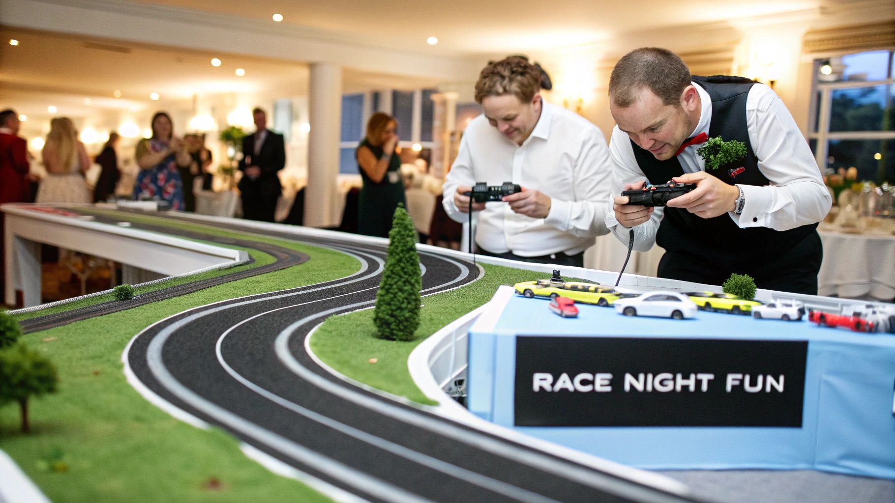 Guests enjoying a lively race night with slot car racing at a wedding reception.