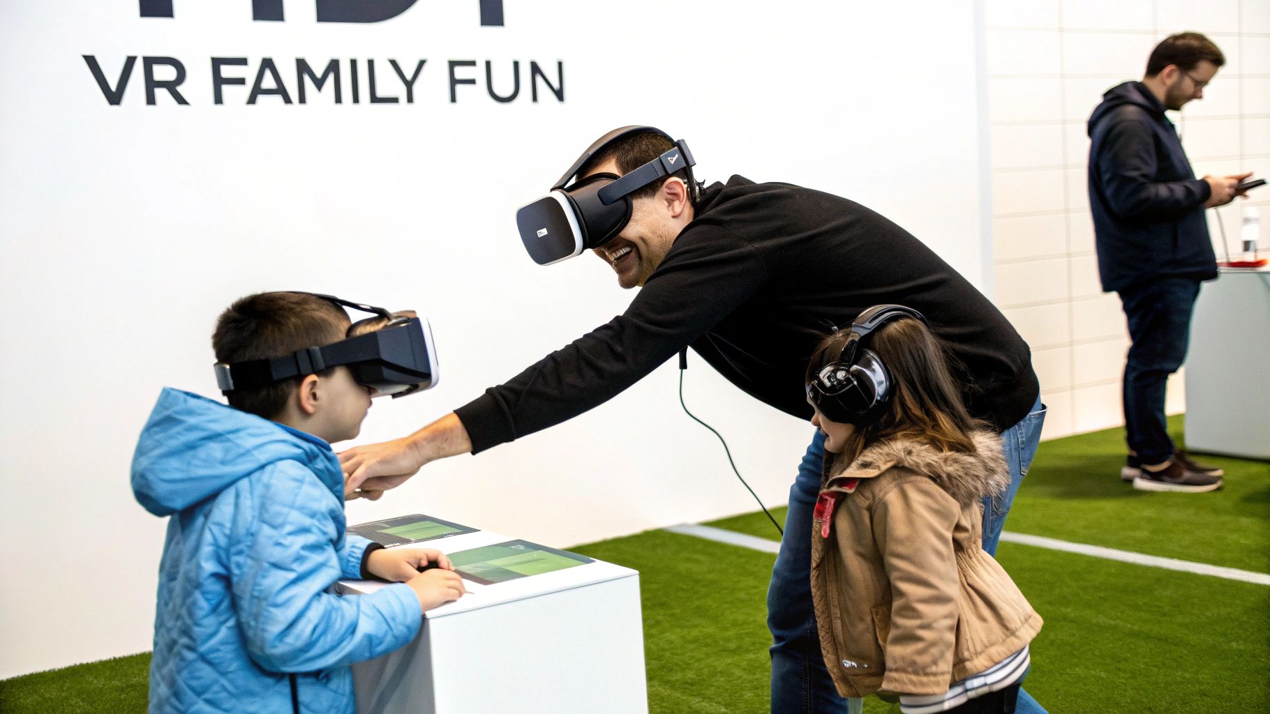 A family, including a man and two children, enjoying virtual reality games together.