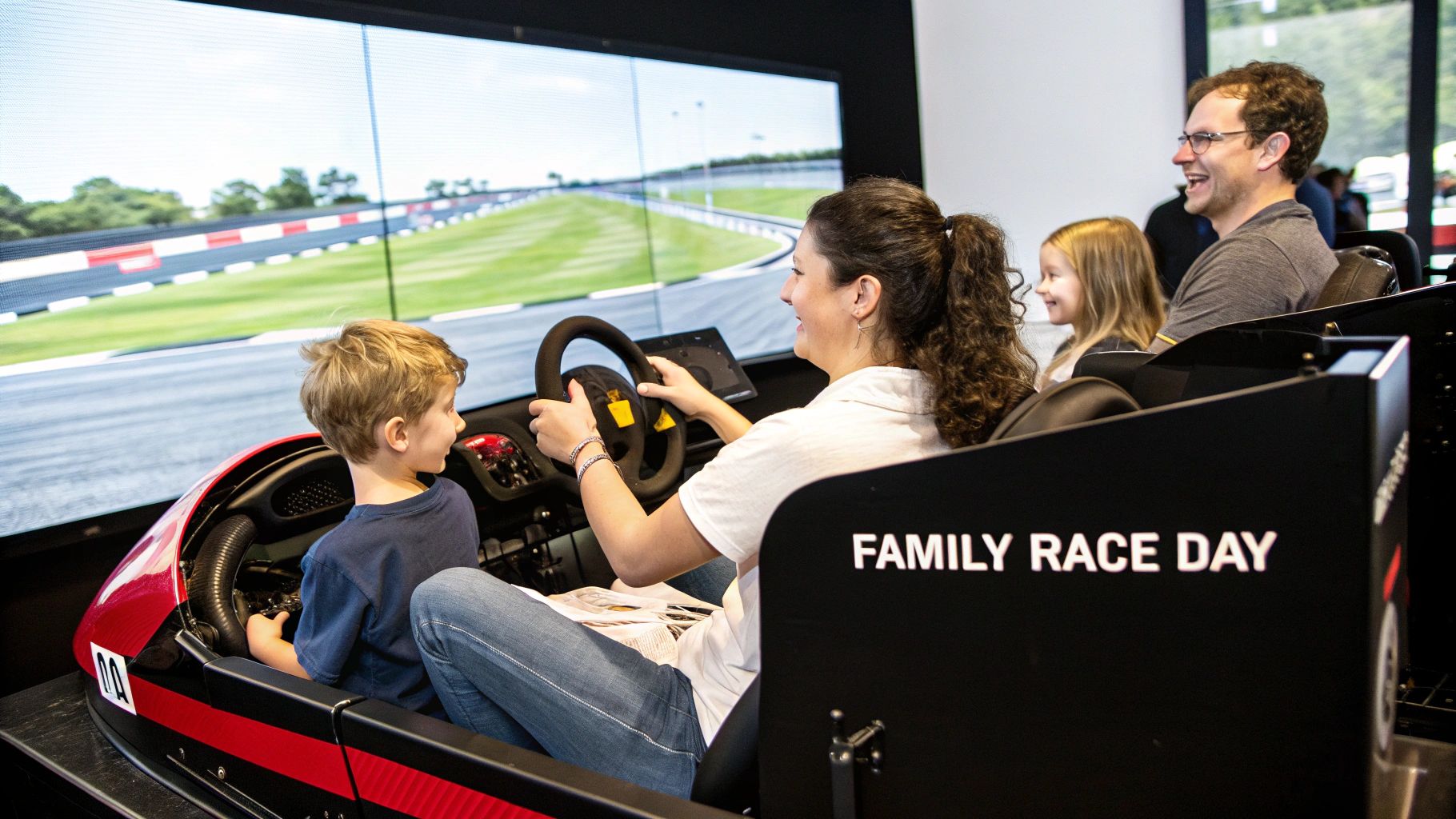 A family smiles while enjoying a racing simulator, with a mother driving and children watching during Family Race Day.