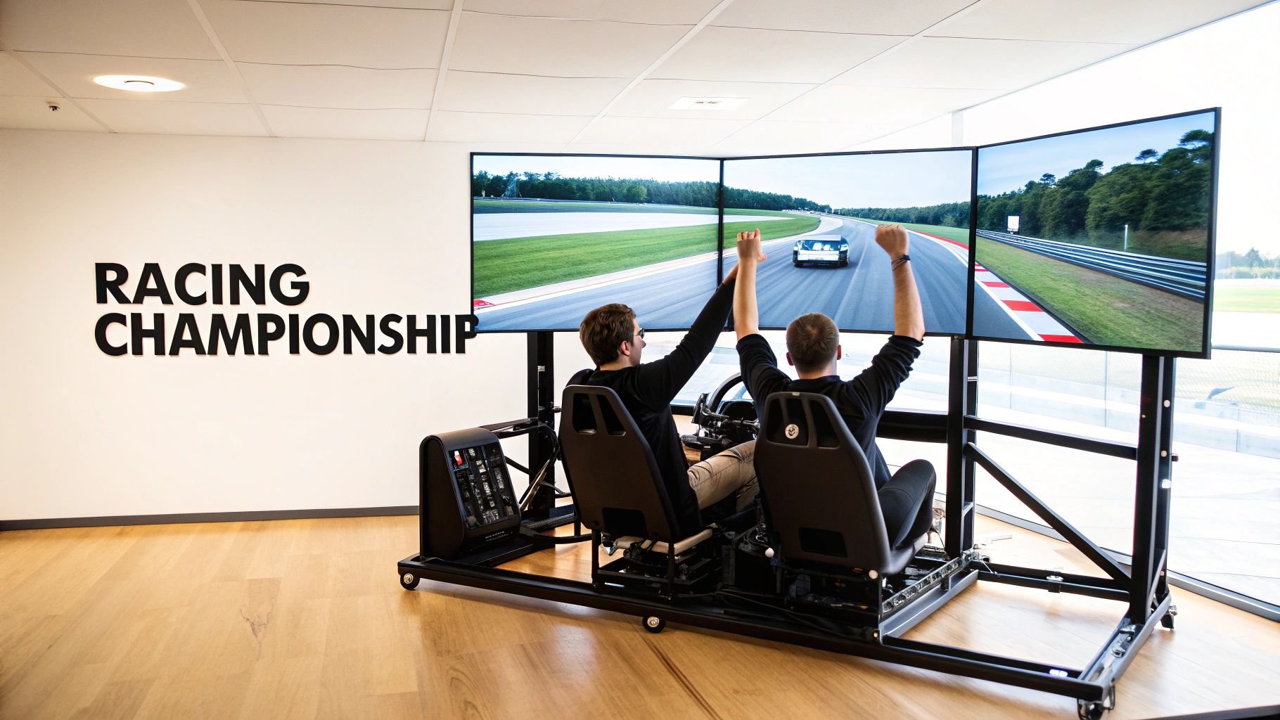 Two men with raised arms celebrate a win in a multi-screen racing championship simulator.